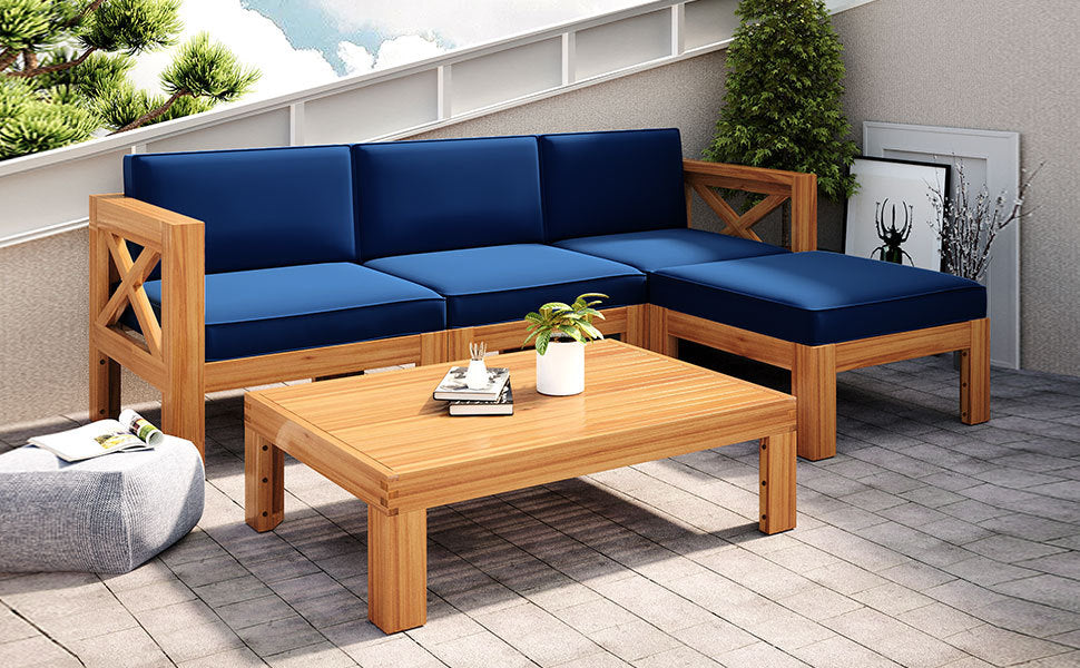 TOPMAX Outdoor 5-Piece Wood Sectional Patio Sofa Set with Blue Cushions
