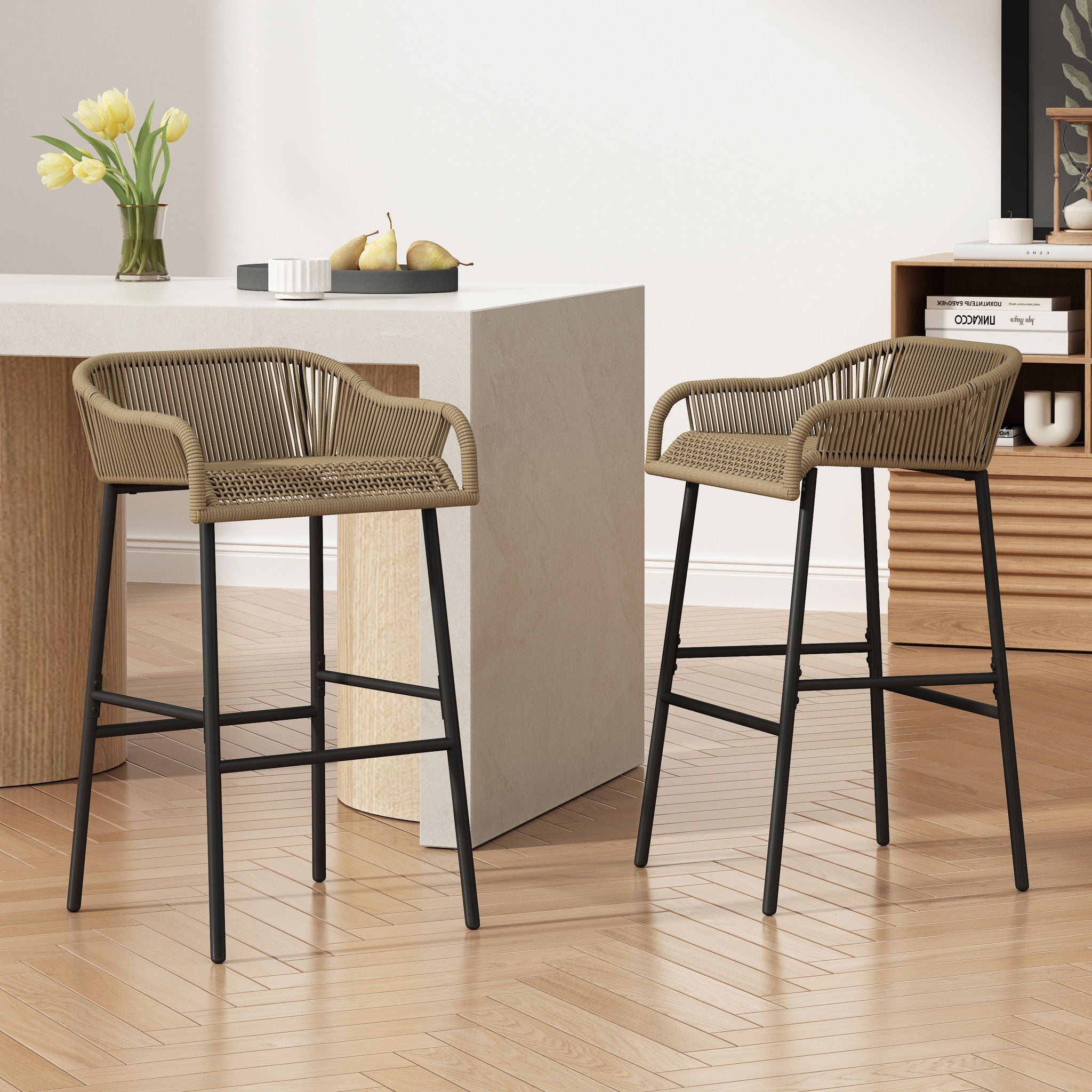 La Push Outdoor Rope Barstool (Set of 2) - Black / Brown