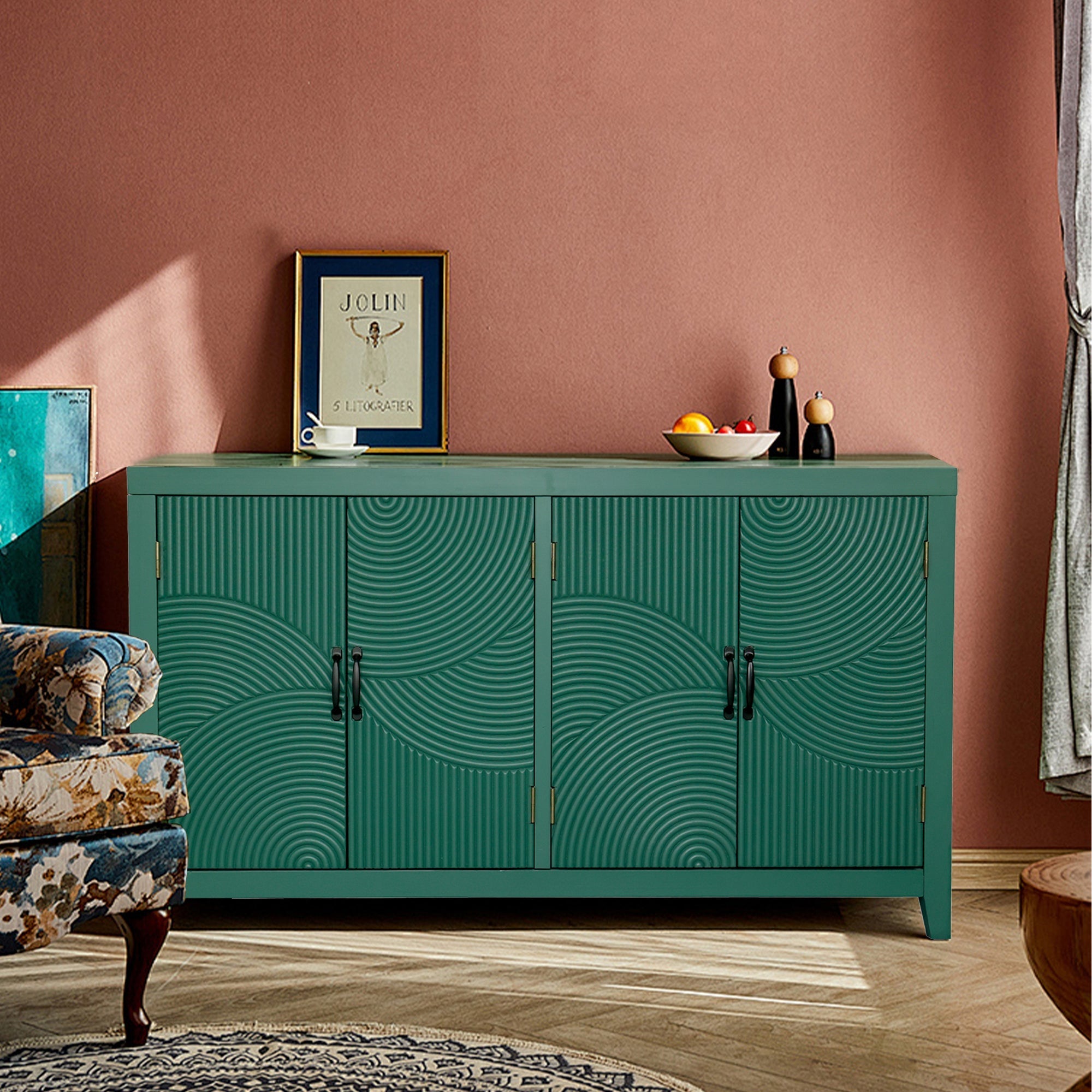 59in Green Accent Cabinet with 4 Doors Mid Century Modern Buffet