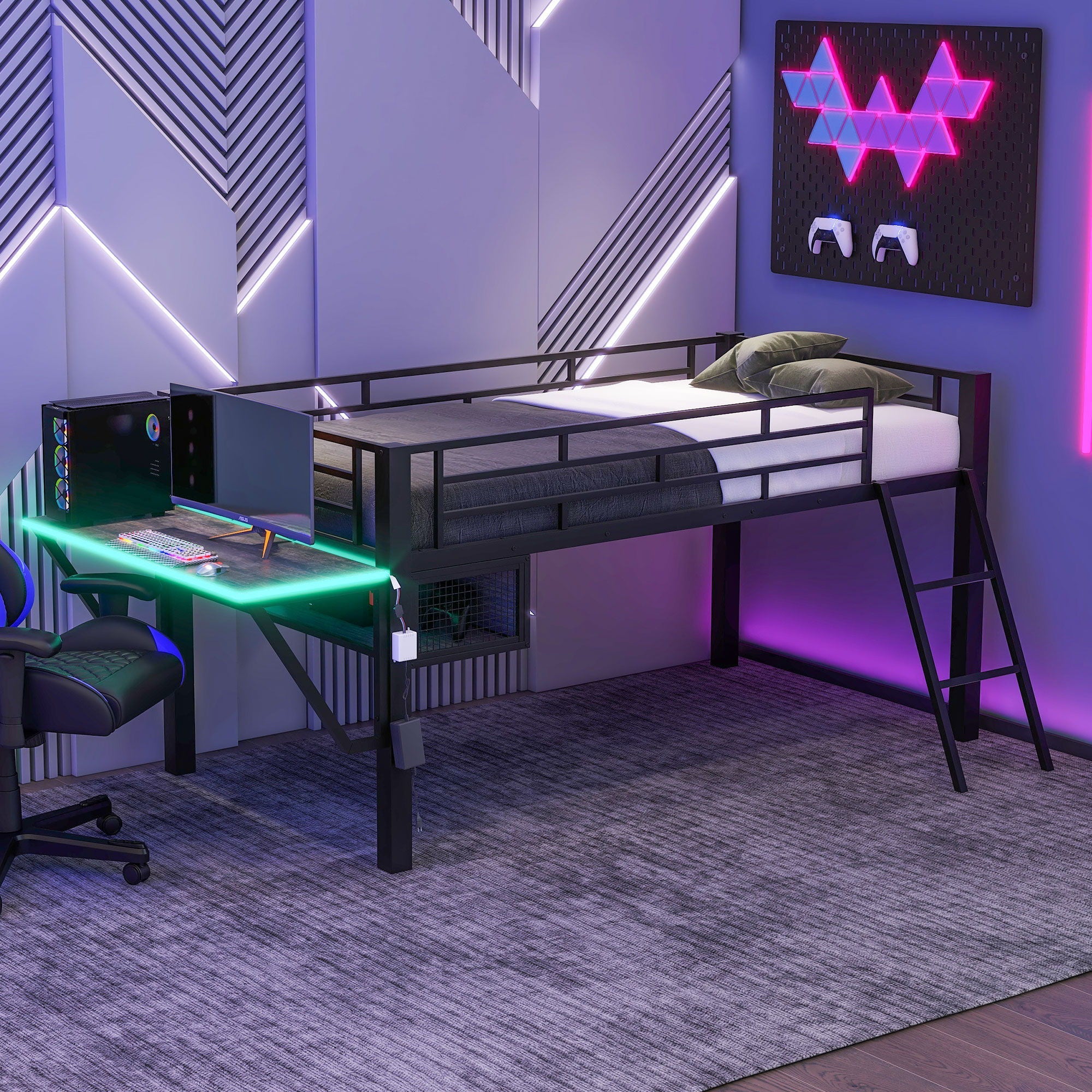 Modern Gaming Mid Loft Bed With Desk And LED Lights