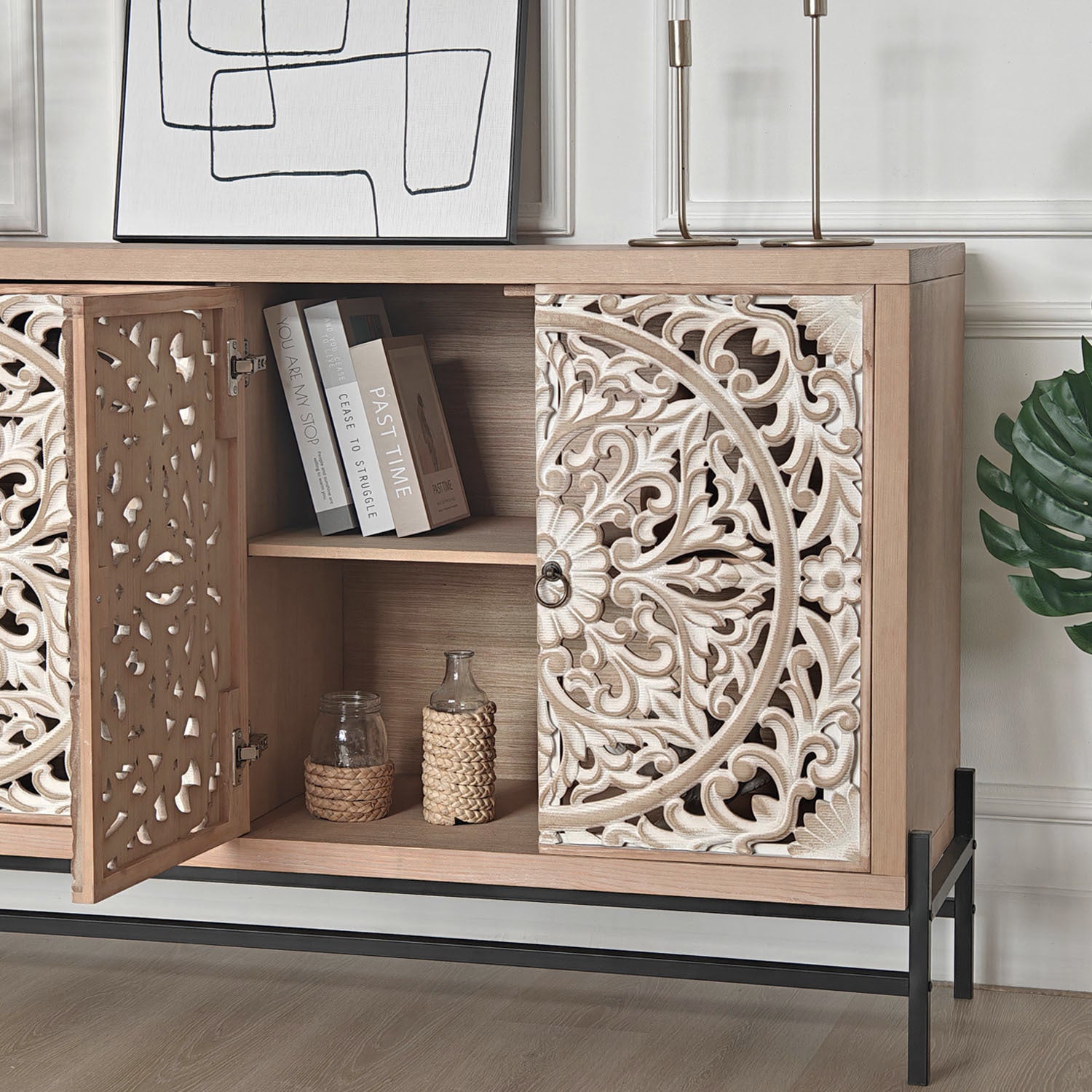 4 Door Wood Cabinet, Vintage Carved Wood with Metal Base