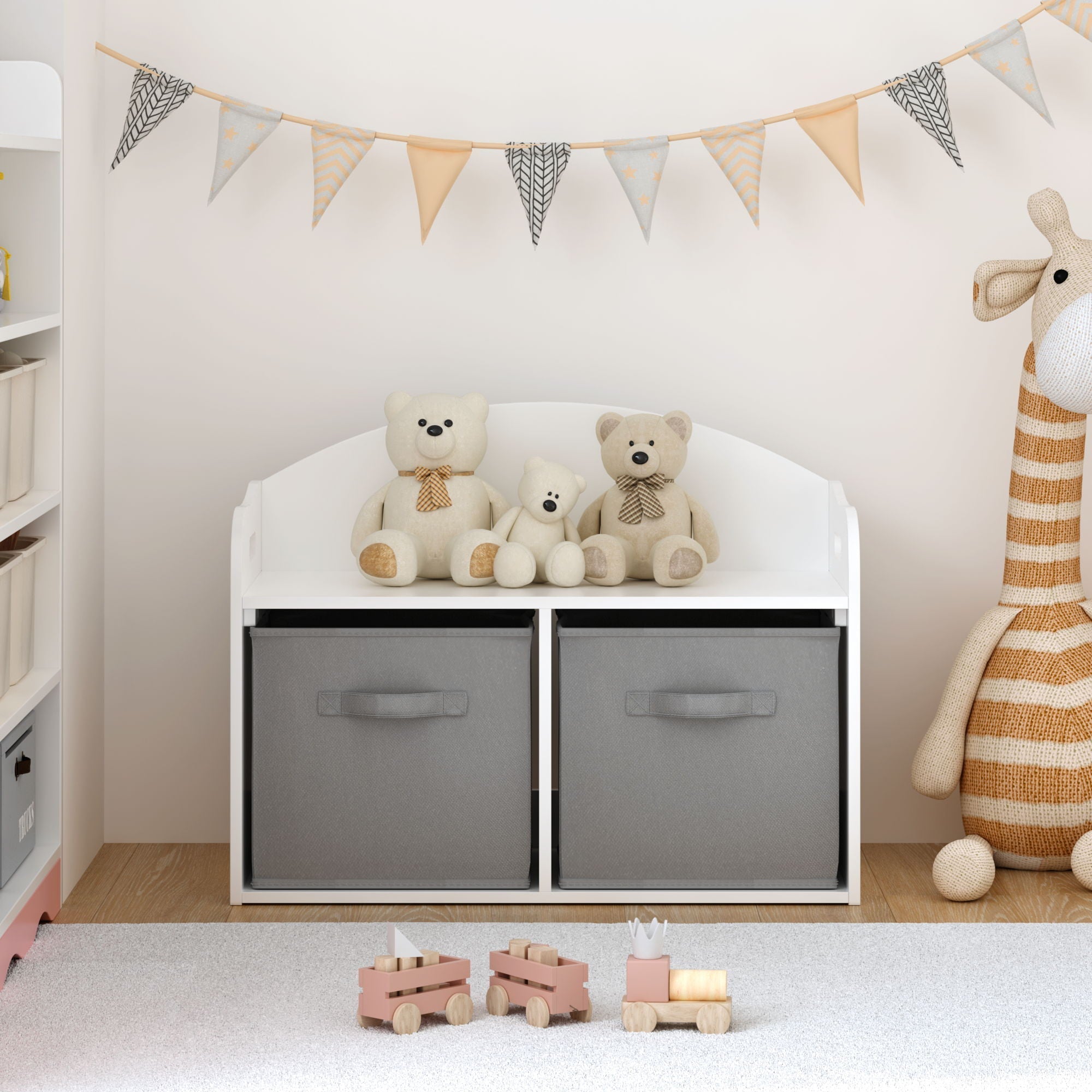 Toy Box Bench With Collapsible Drawers, Storage Cabinet Organizer - White