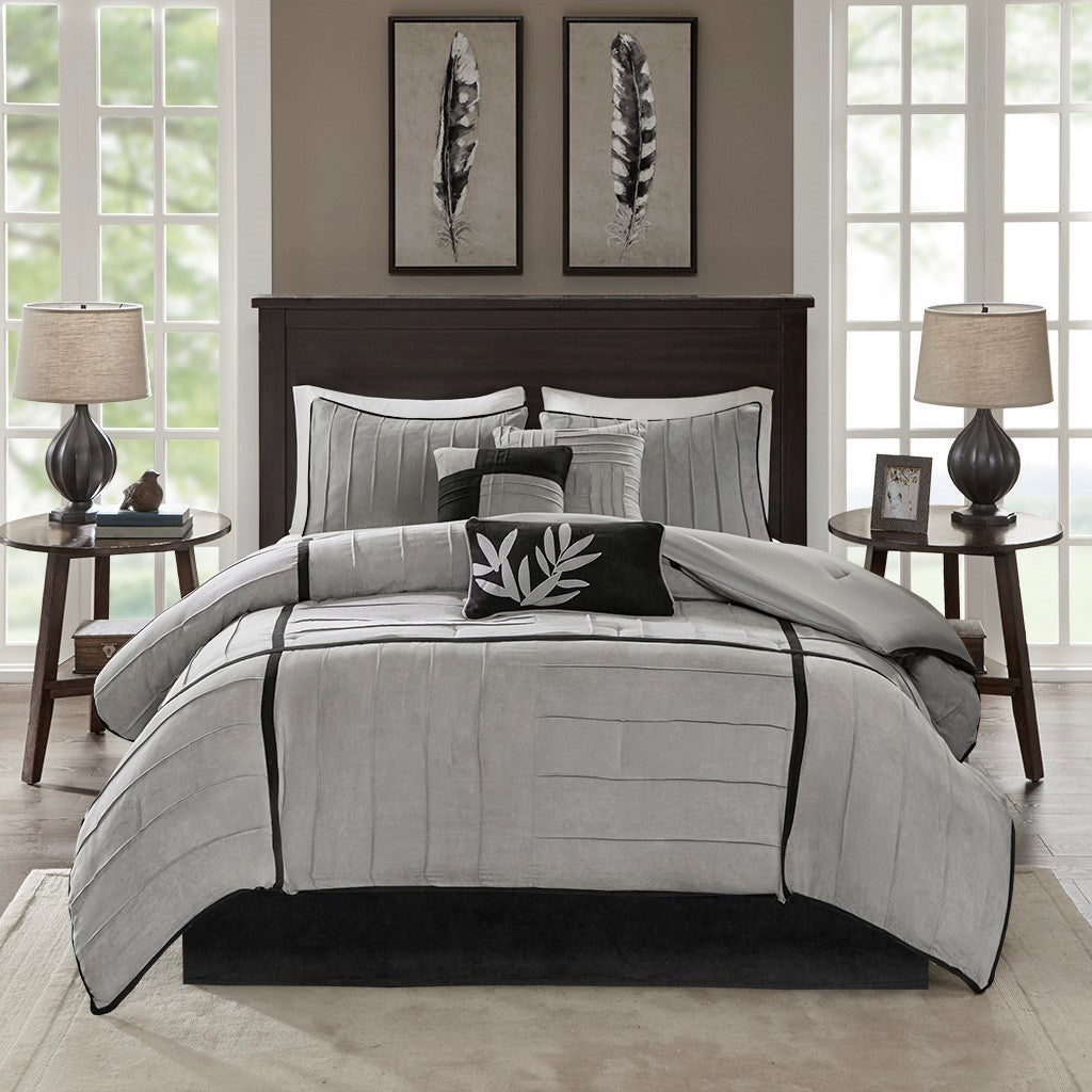 7 Piece Faux Suede Comforter Set Grey Full