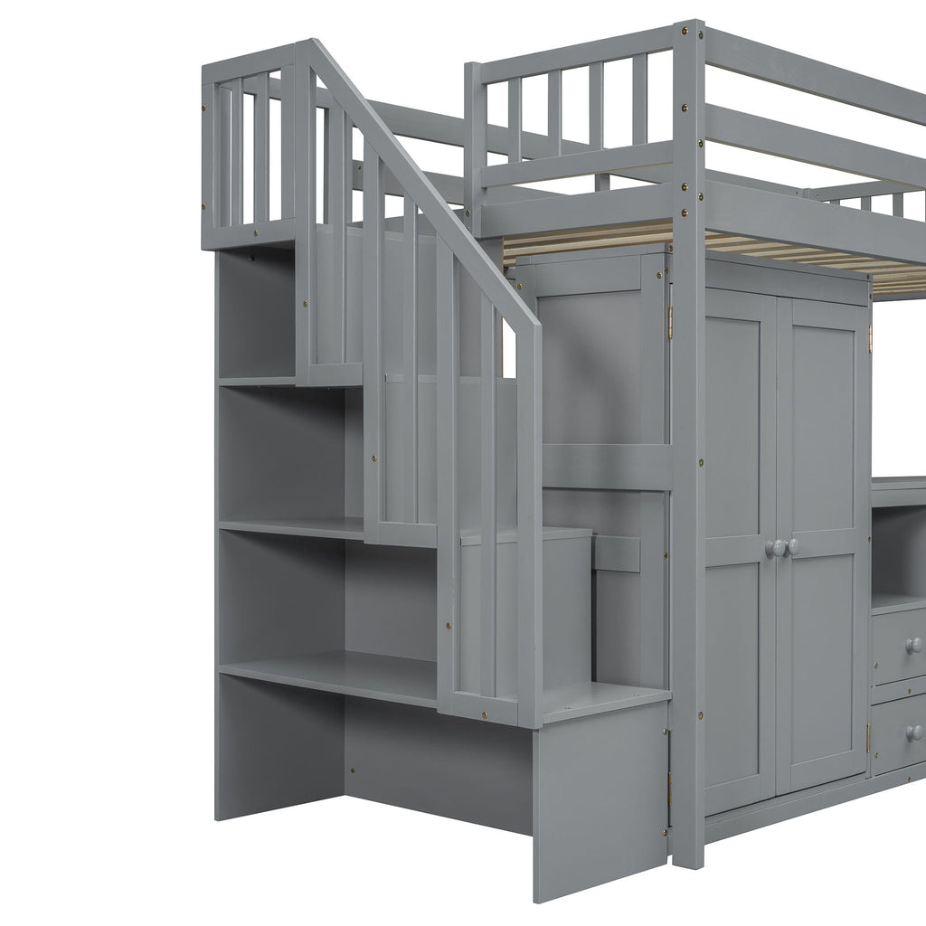 Loft Bed With Stairs, Bookshelf, Drawers, Desk & Wardrobe, Space Saving Multifunctional Furniture