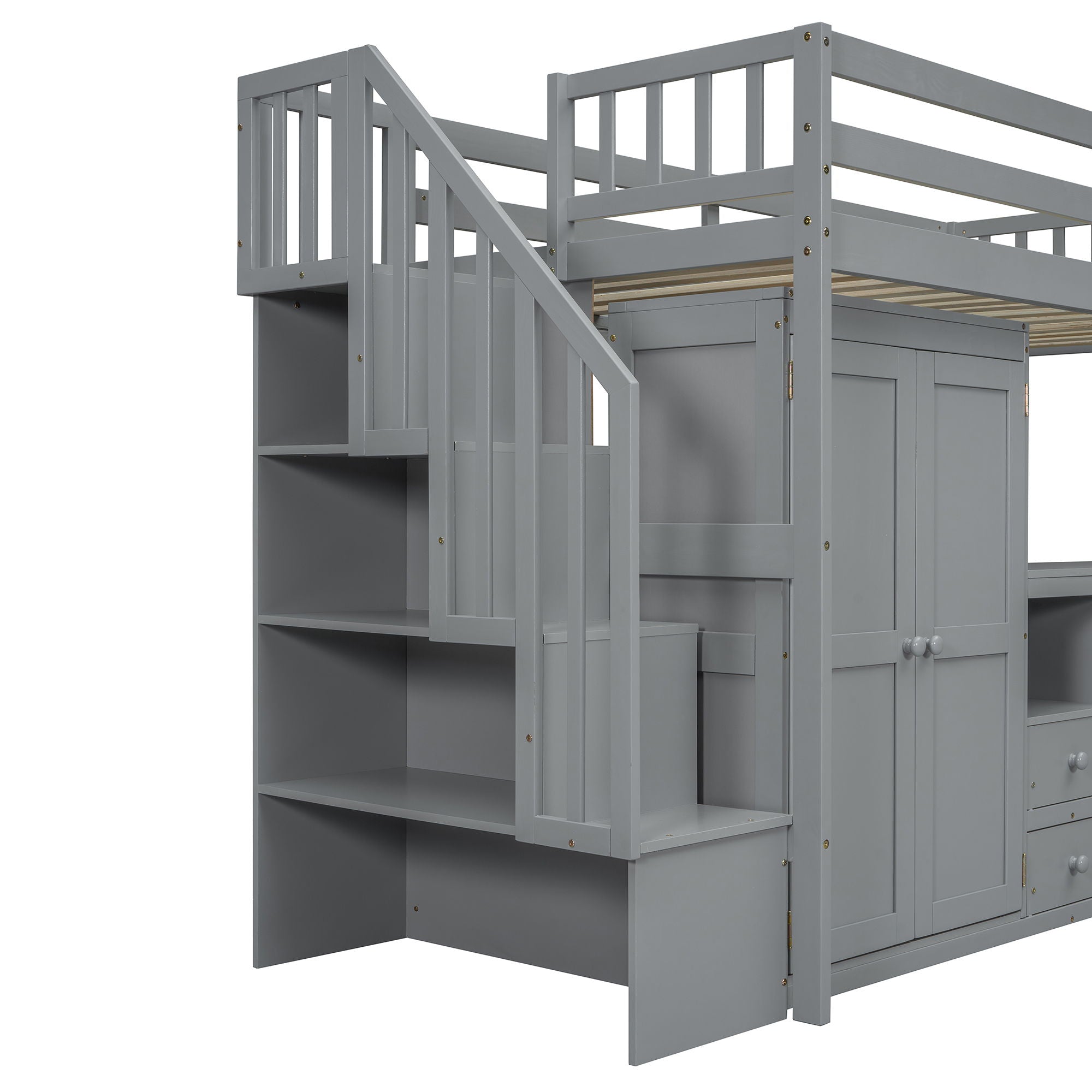Loft Bed With Stairs, Bookshelf, Drawers, Desk & Wardrobe, Space Saving Multifunctional Furniture