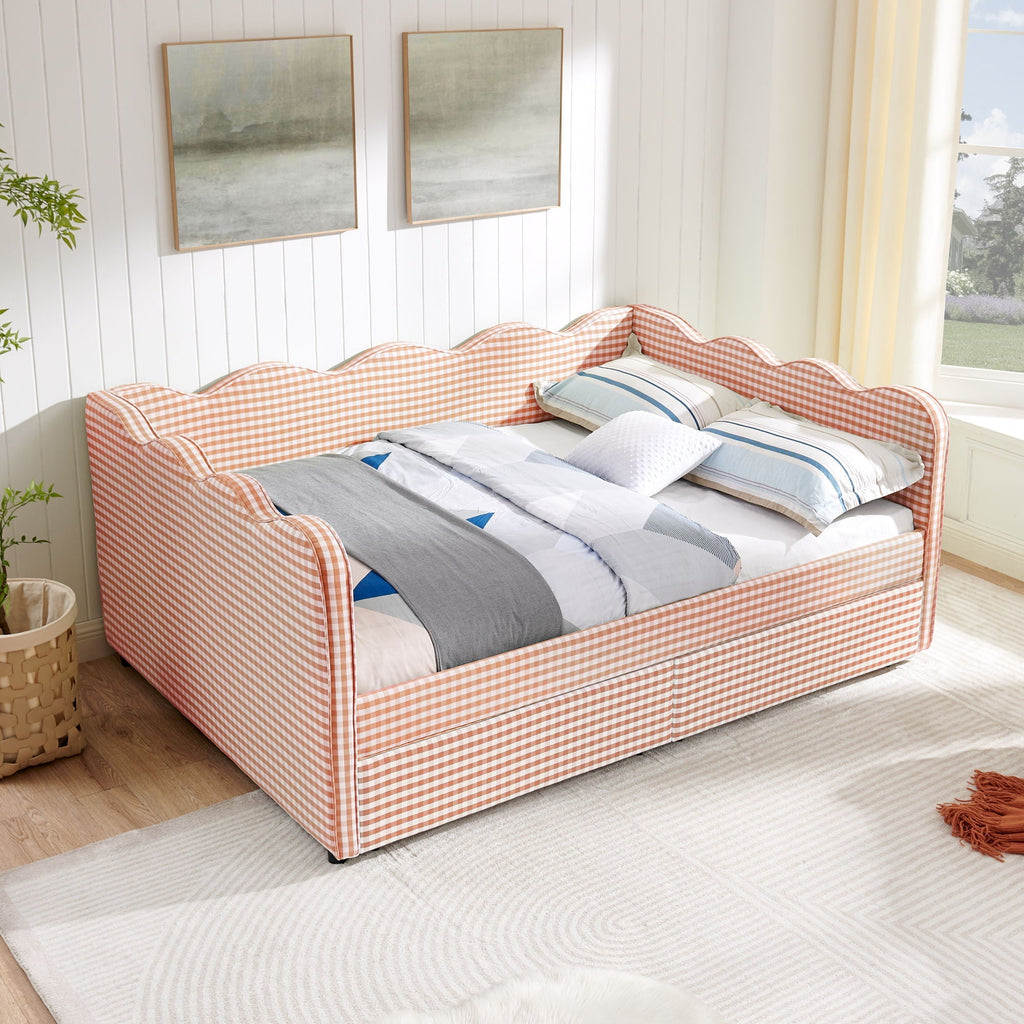 Gingham Daybed With USB Charging Port, Wave-Shaped Design