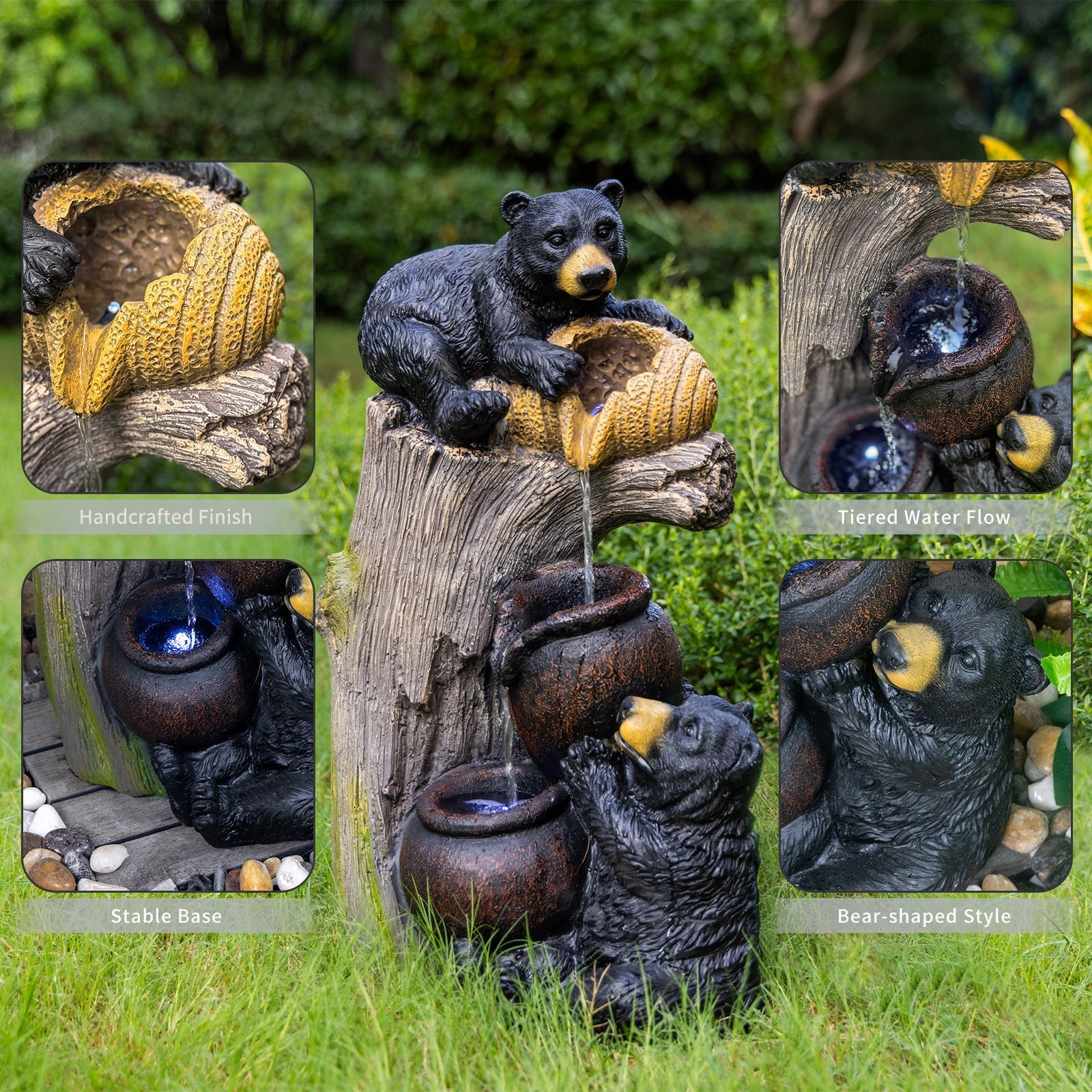 Bear Outdoor Water Fountain with LED Lights
