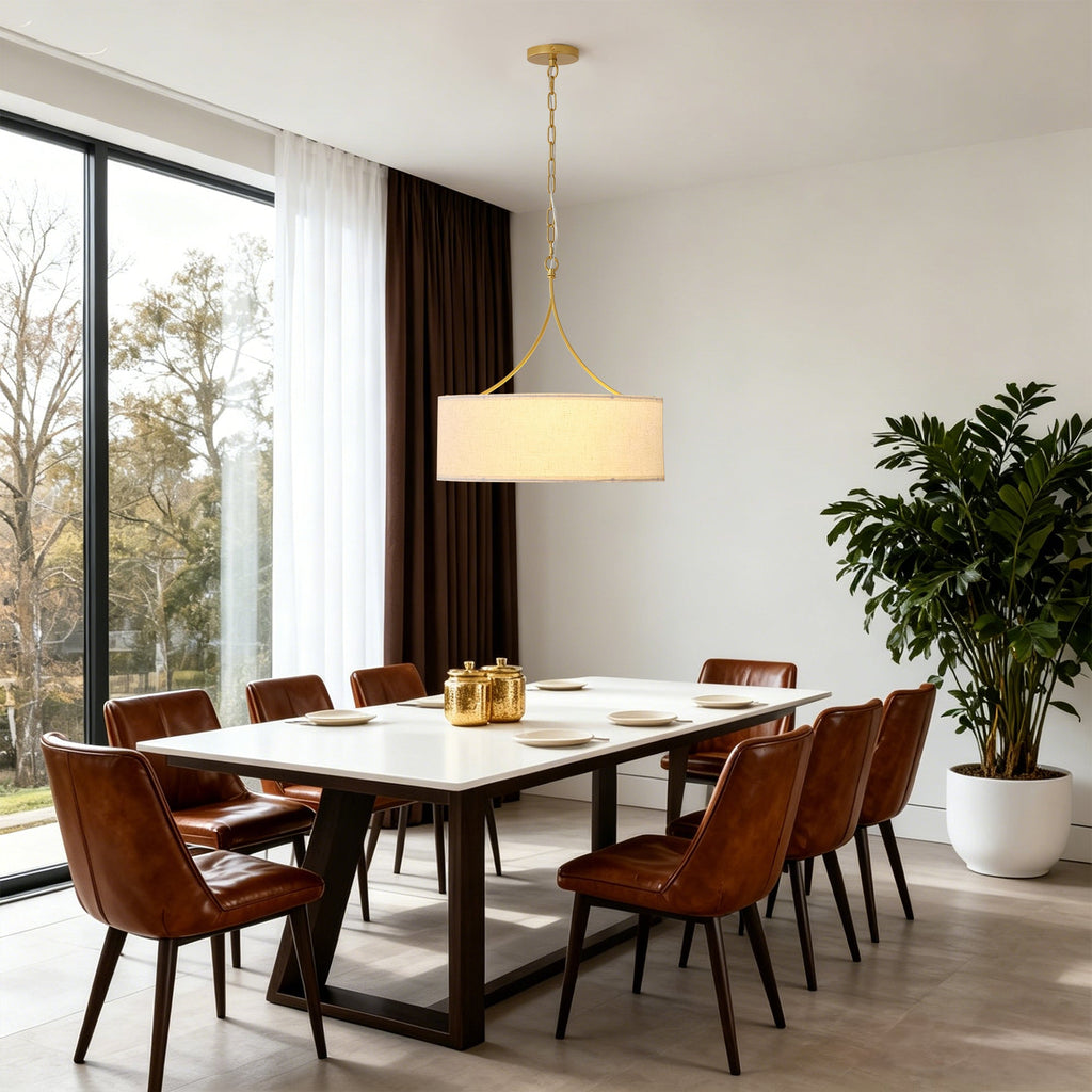 3-Light Gold Fabric Drum Pendant Light