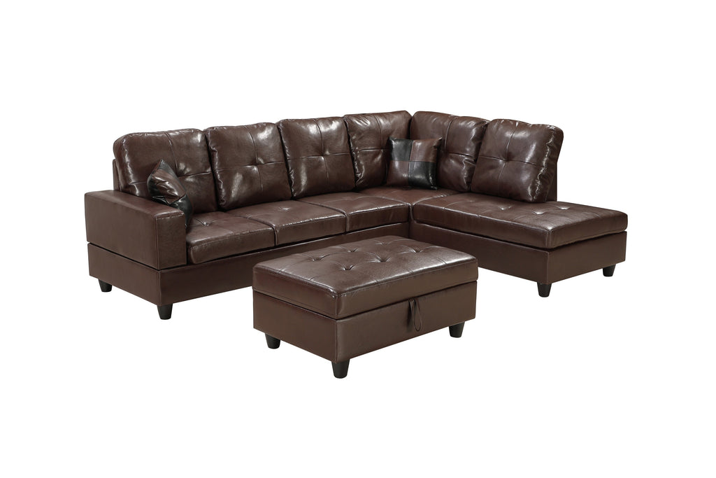 3 Pc Sectional Sofa Set Brown Faux Leather Left-Facing Chaise
