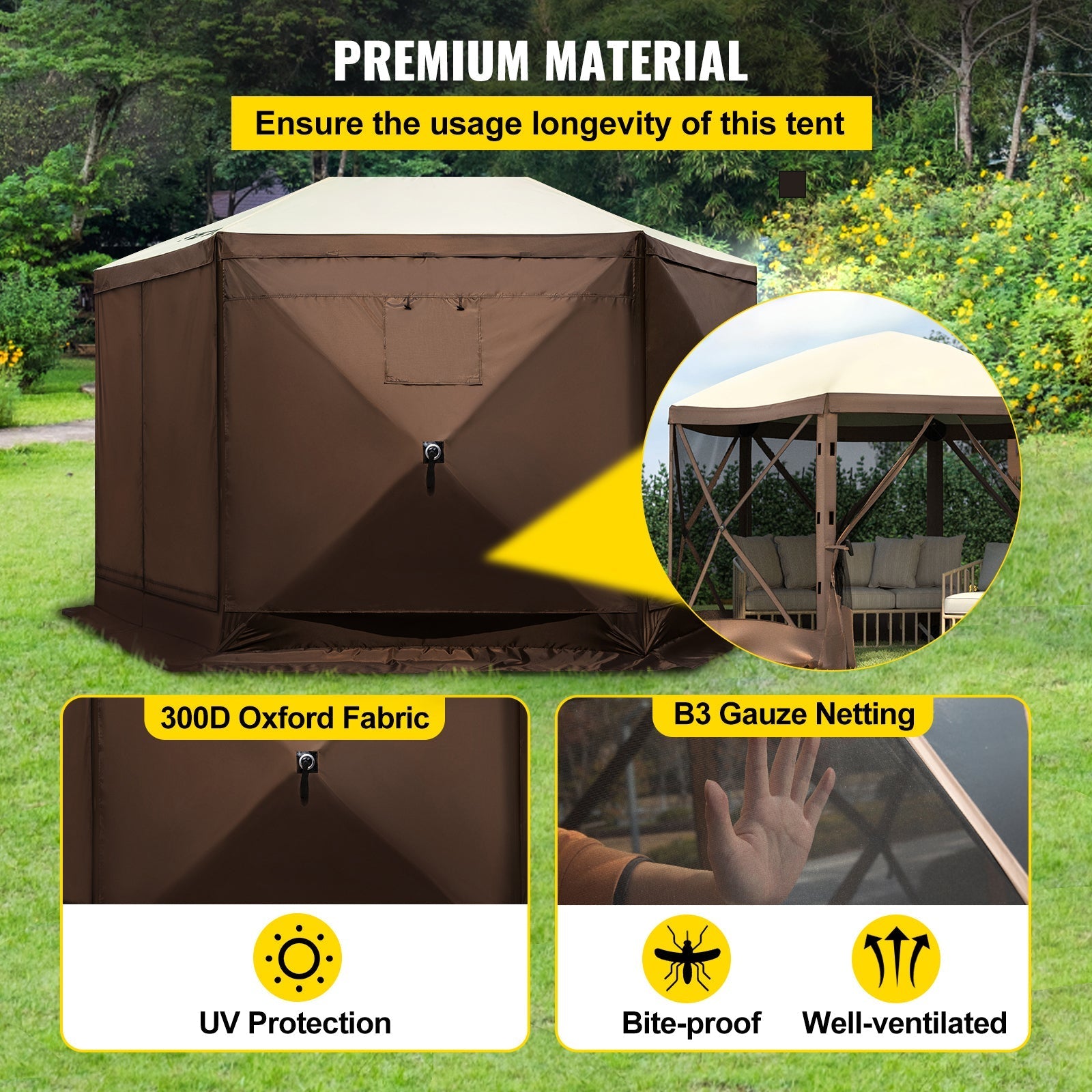 Camping Gazebo Tent, 10'x10', 6-Sided Pop-up Canopy Screen Tent