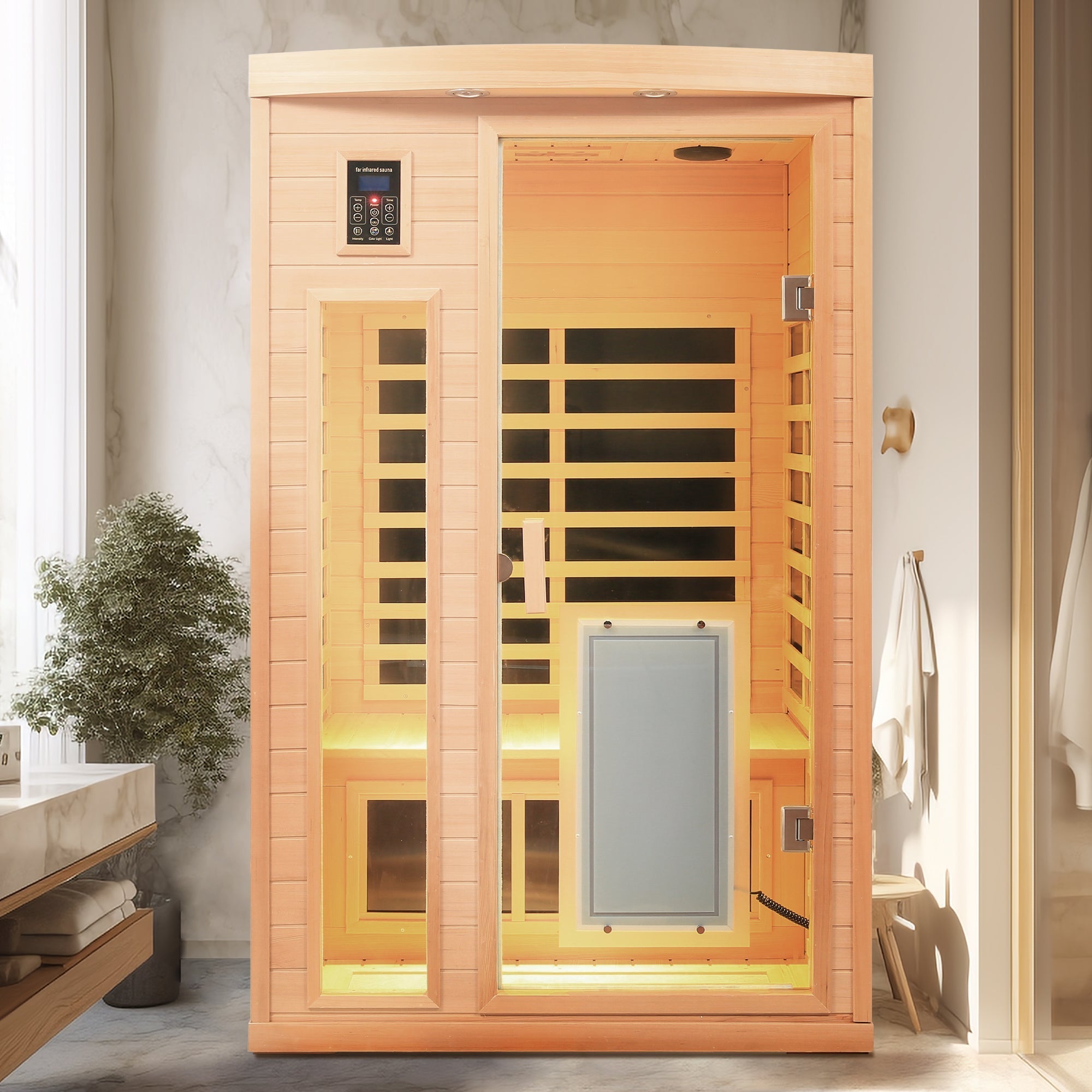 Low EMF, There is also a heating plate on the glass door, Hemlock wood Far-infrared indoor Two person sauna room