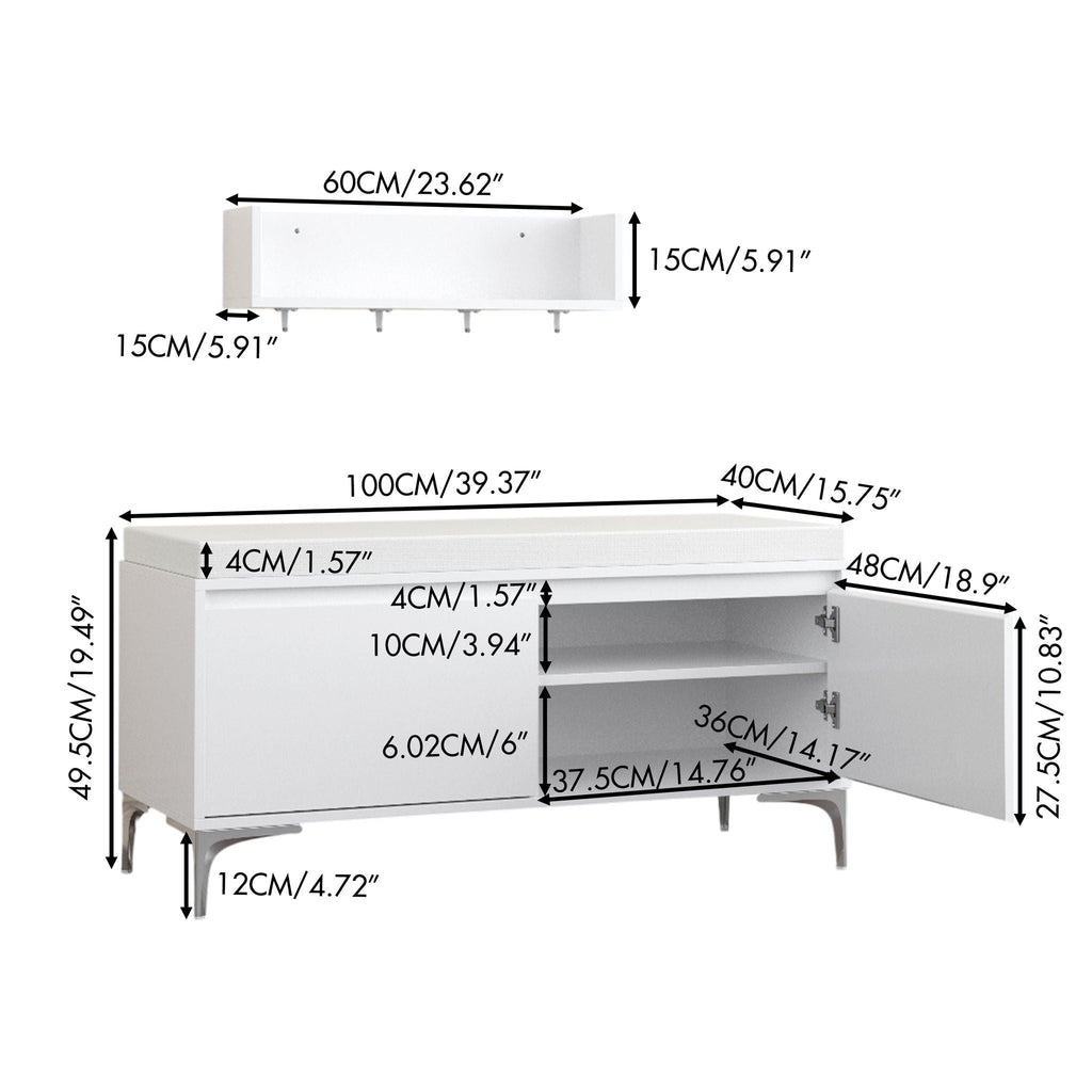 Wall Mounted Entryway Shelf With Hooks And Storage Bench Set - Off White