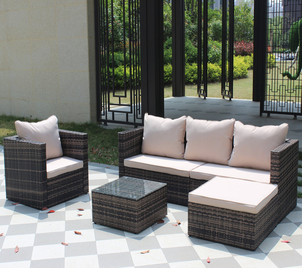 Rattan Patio Furniture Set Wicker Sofa Cushioned Sectional (4 Pieces, Brown)