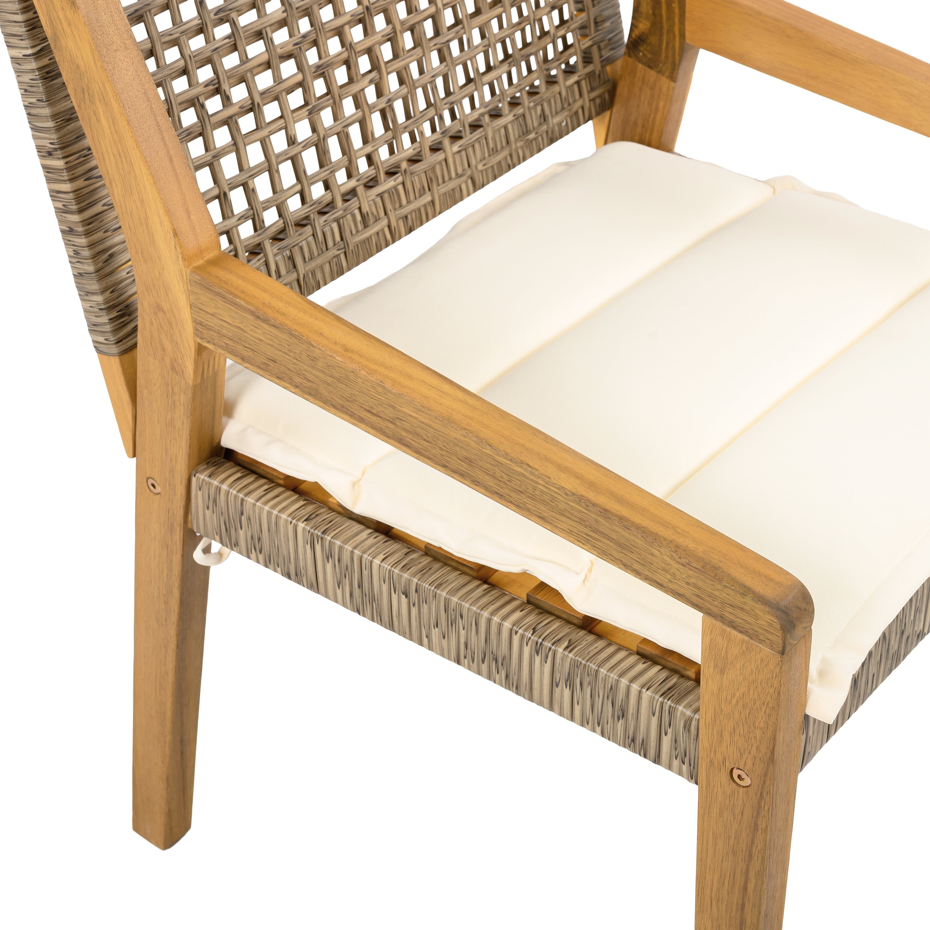 Outdoor Dining Chair Set of 4 - Acacia Wood and Wicker with Cream Cushion
