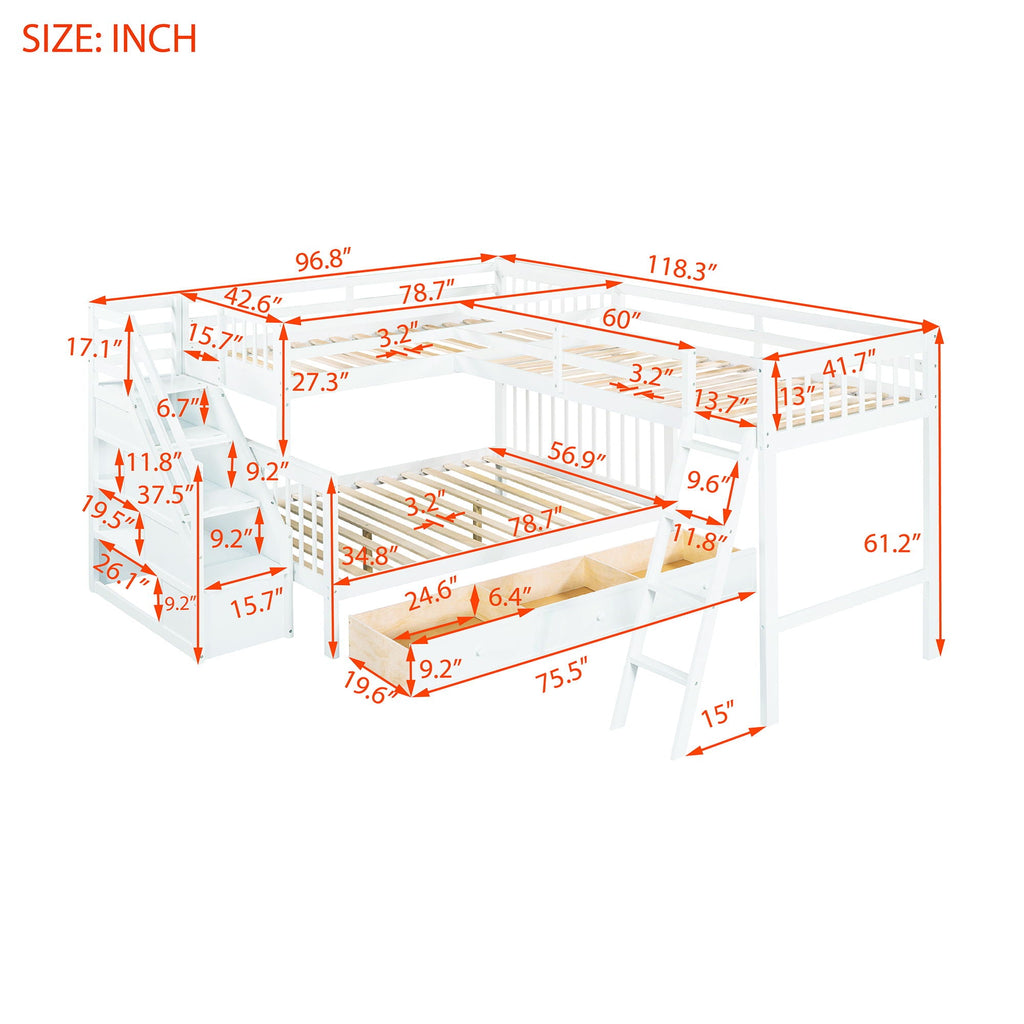 Solid L Shaped Bunk Bed With 3 Drawers, Ladder And Staircase