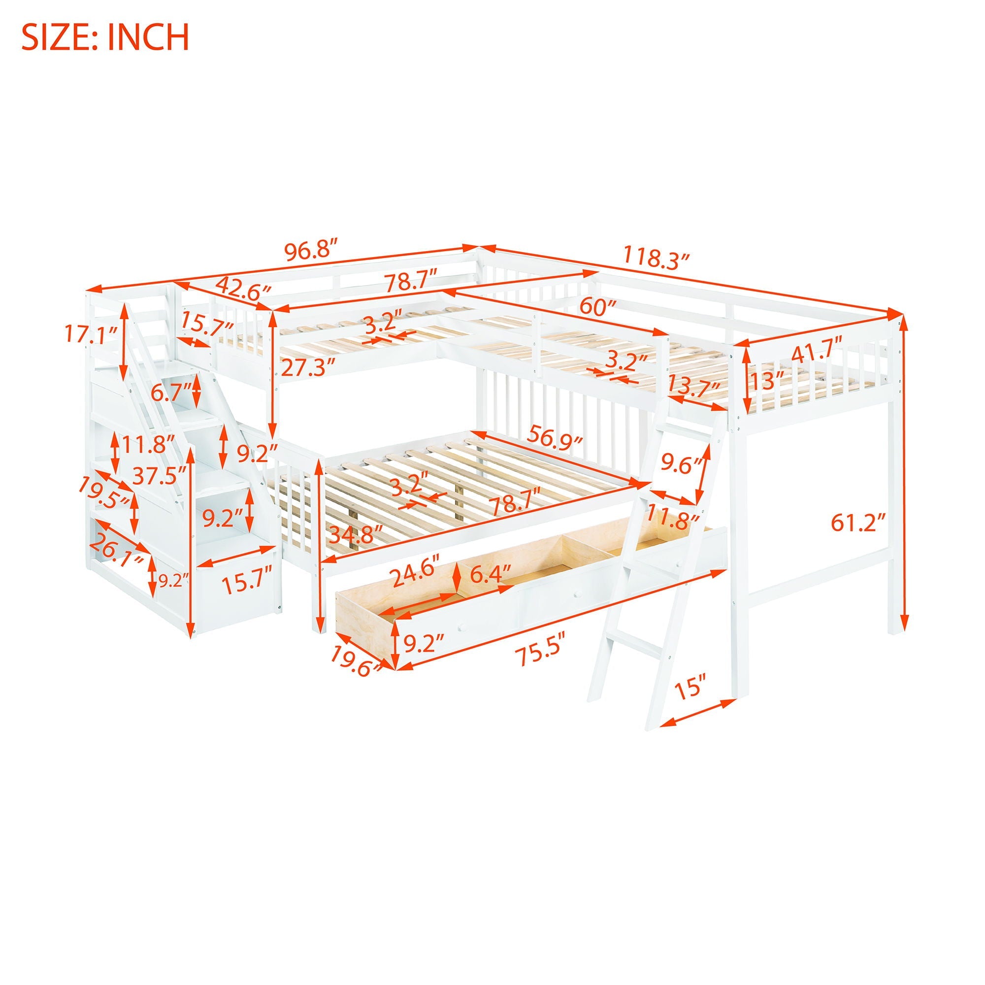 Solid L Shaped Bunk Bed With 3 Drawers, Ladder And Staircase