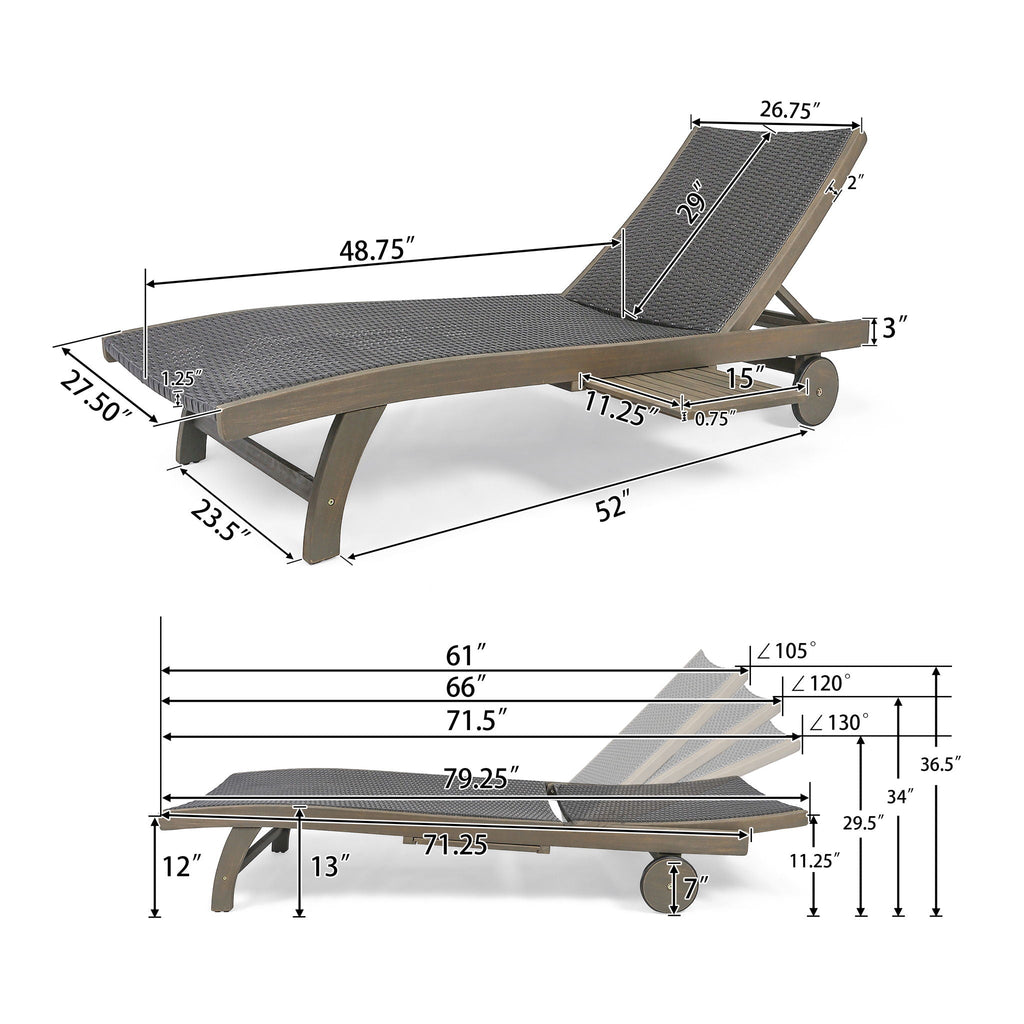 Outdoor Chaise Lounge with Pull-Out Tray and Wicker Seat - Gray