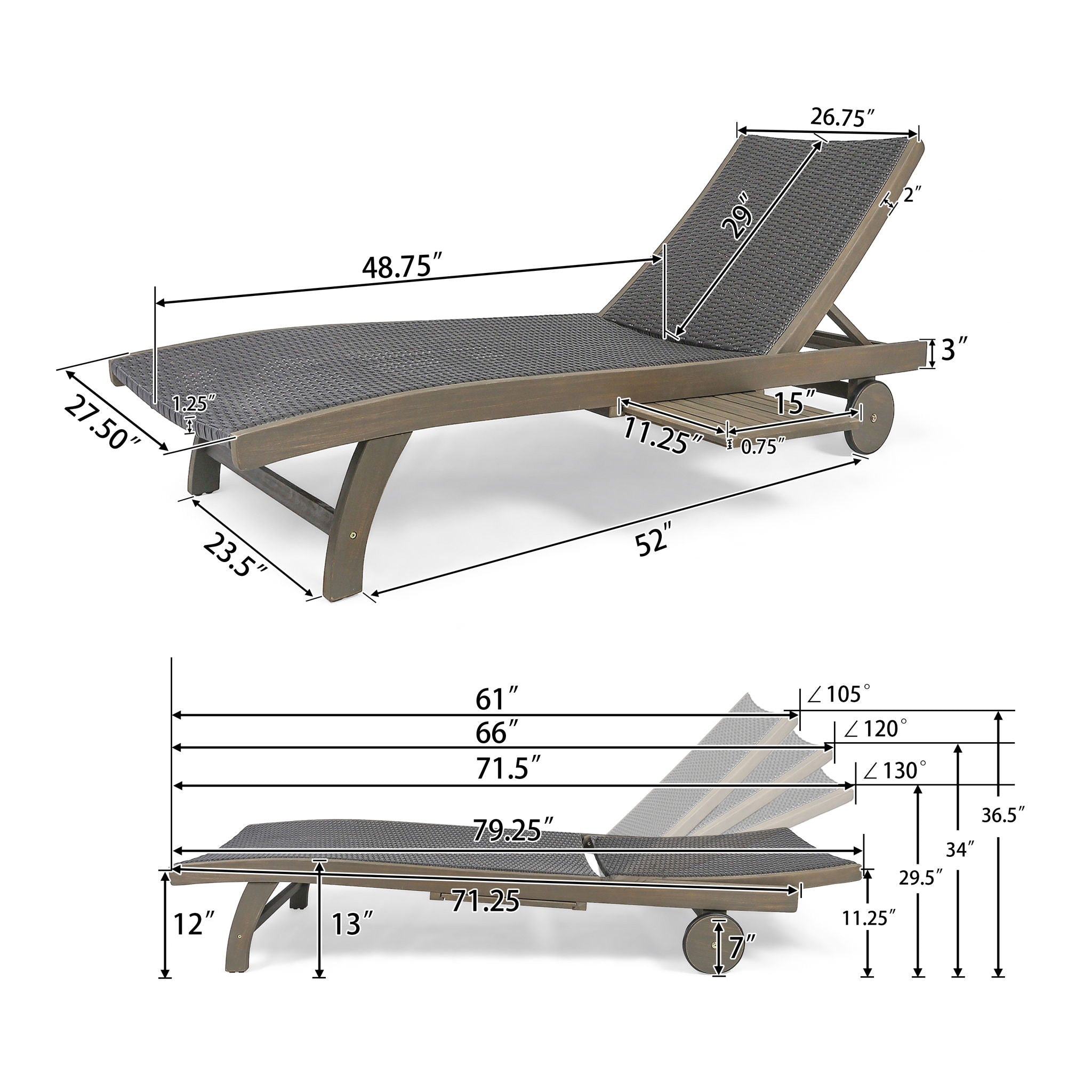 Outdoor Chaise Lounge with Pull-Out Tray and Wicker Seat - Gray