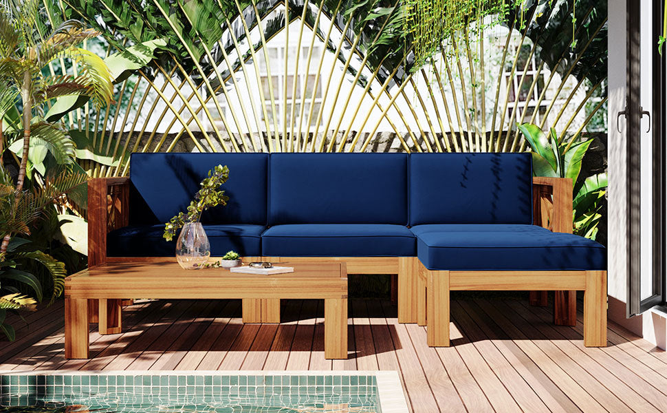 TOPMAX Outdoor 5-Piece Wood Sectional Patio Sofa Set with Blue Cushions