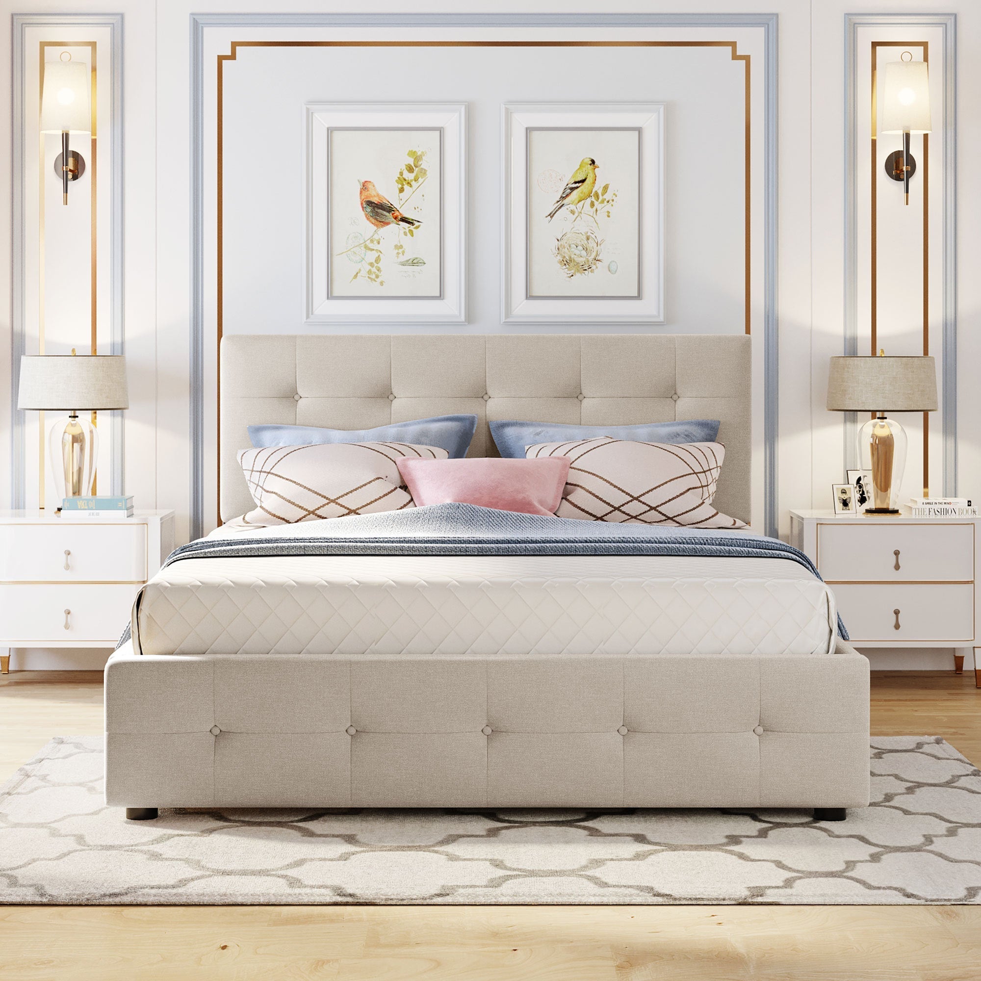 Upholstered Platform Bed with 2 Drawers and 1 Twin XL Trundle,  Linen Fabric, Queen Size - Dark Beige(OLD SKU :LP100314AAA)