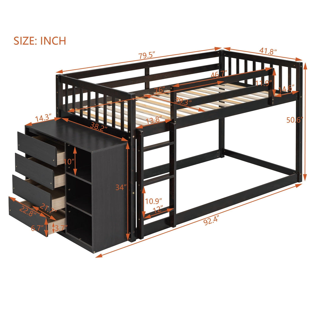 Bunk Bed With 4 Drawers and 3 Shelves