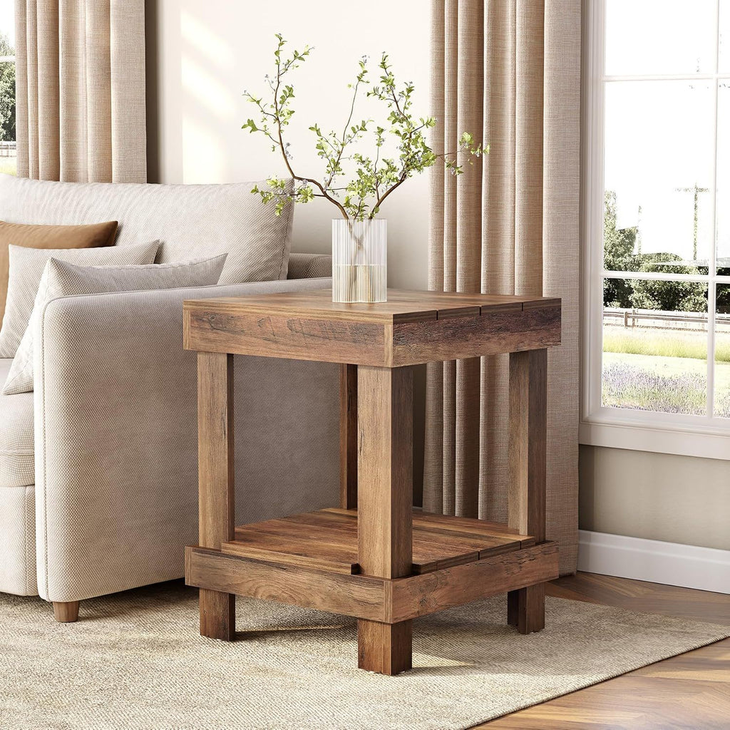 2 Tier End Table With Open Shelves, Natural Wood