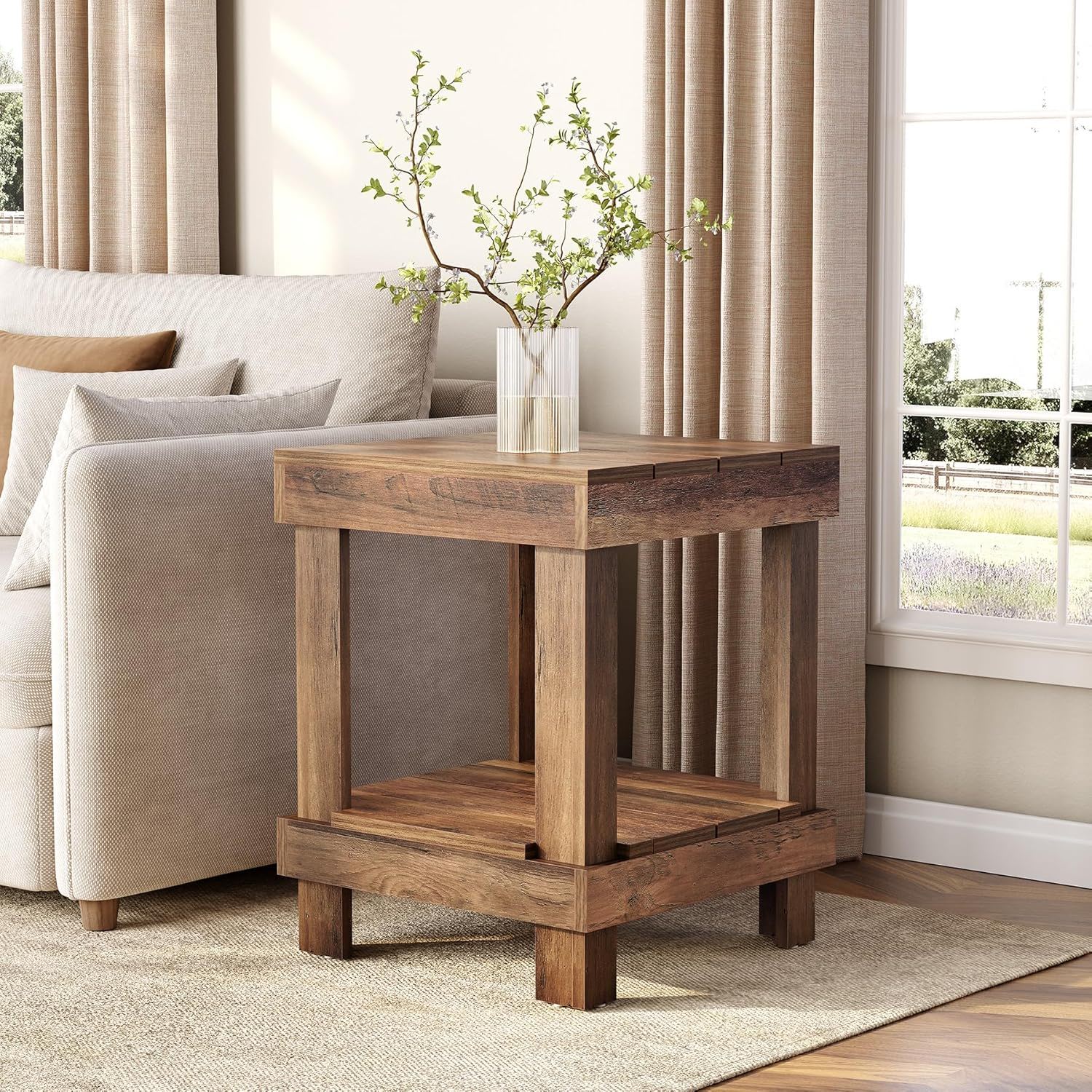 2 Tier End Table With Open Shelves, Natural Wood