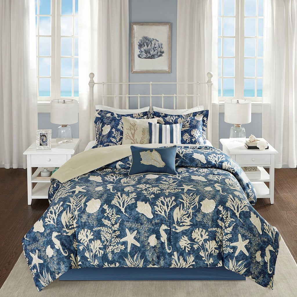 7 Piece Cotton Sateen Comforter Set Blue Cal King
