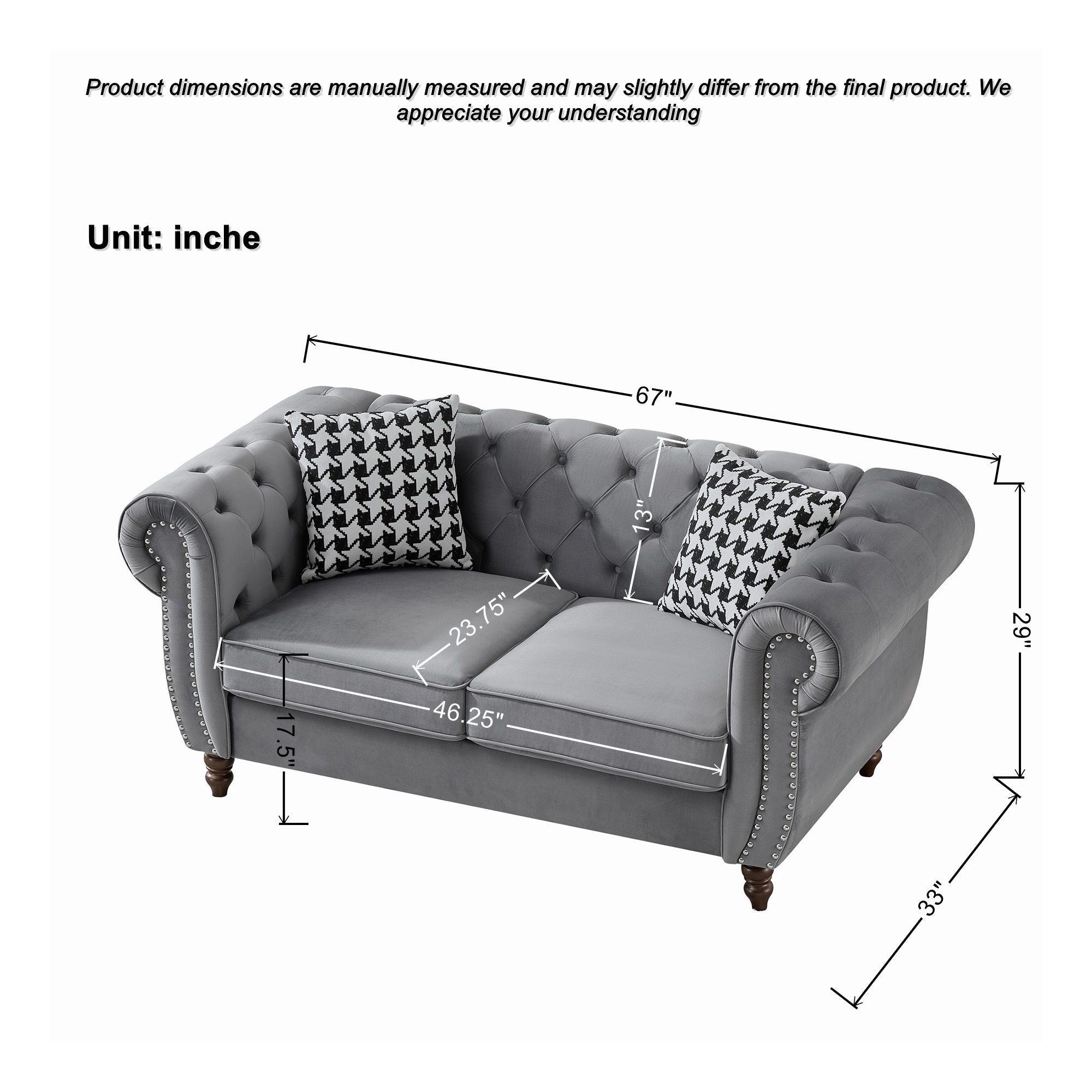 Chesterfield Upholstery Fabric Loveseat With Roll Armrest And Nailhead