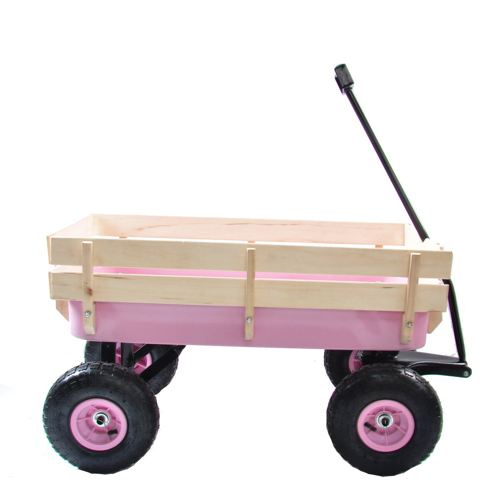 Outdoor All Terrain Garden Wagon with Wooden Railings and Pneumatic Tires