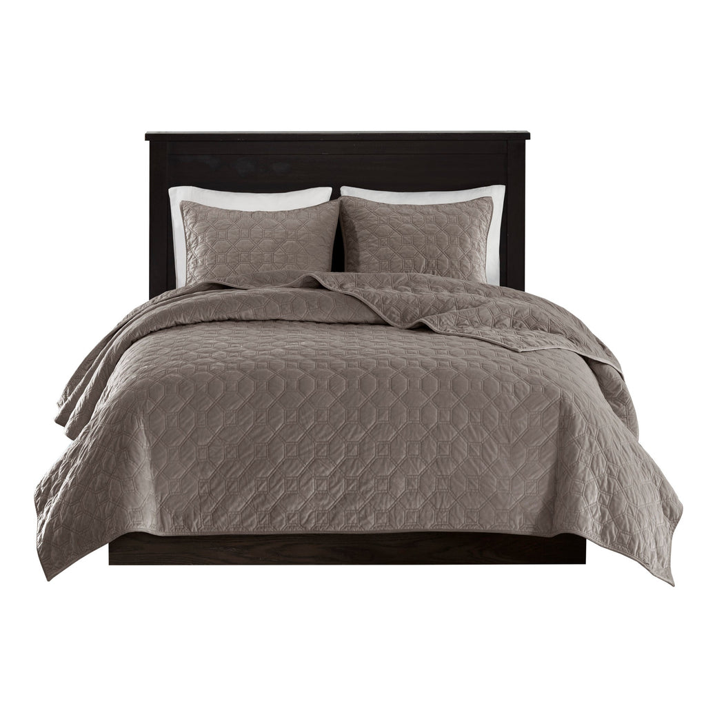 3 Piece Velvet Quilt Set Taupe Full/Queen