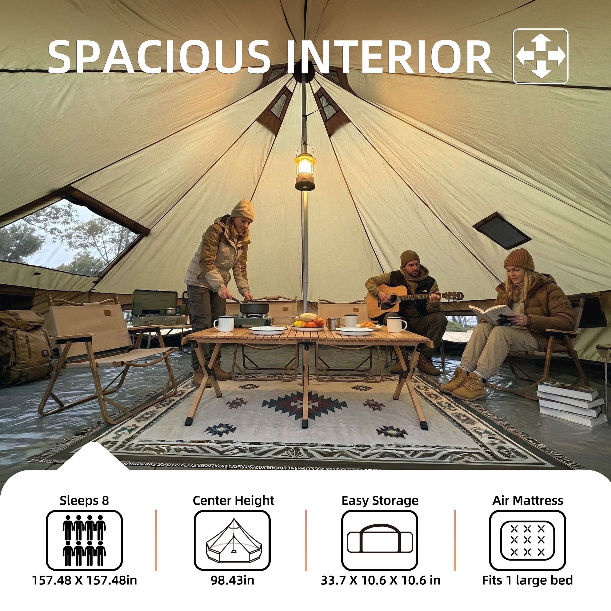 4 Season Bell Tent 13.1FT, Beige Waterproof Glamping Yurt Tent