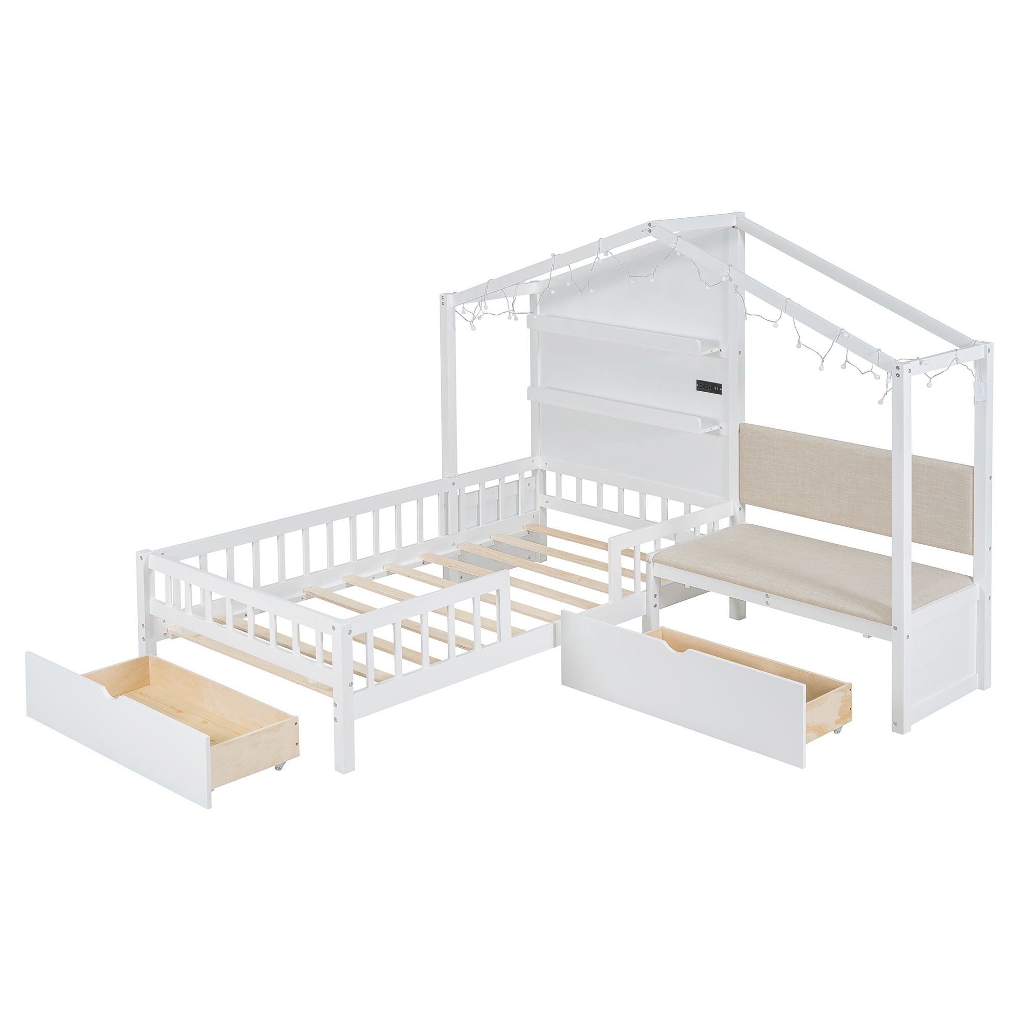 House Bed With Upholstered Sofa, Wireless Charging Station, Shelves And 2 Drawers