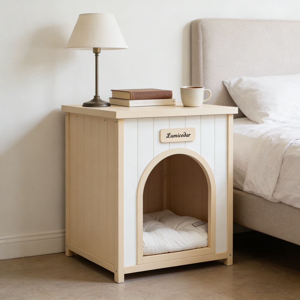 Indoor Dog House With Removable Cushion, Pet House For Cats & Small Dogs - Cream White / Light Yellow
