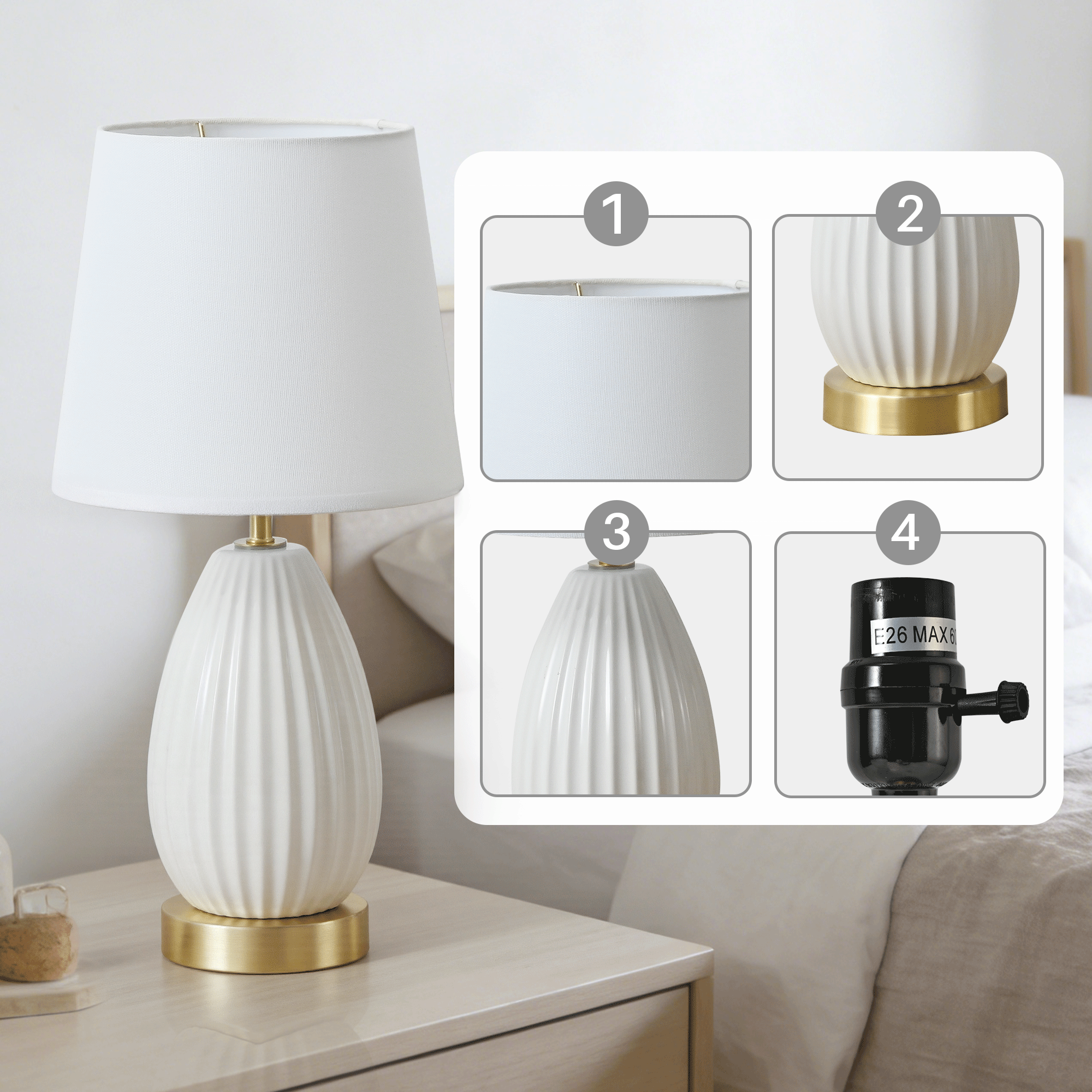 18-Inch Set of 2 Table Lamps, Antique Brass and White Finish