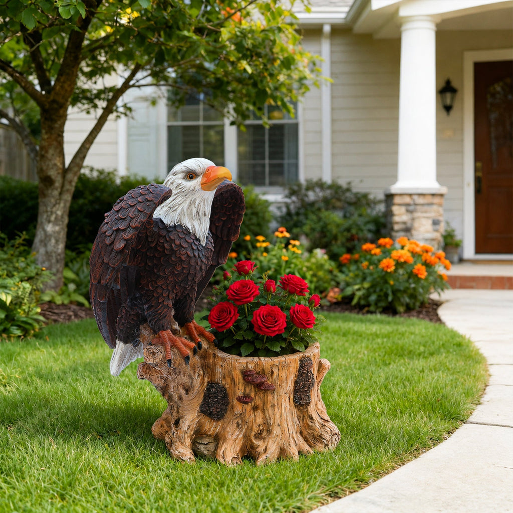 Majestic Eagle Garden Planter Pot on Tree Stump Base
