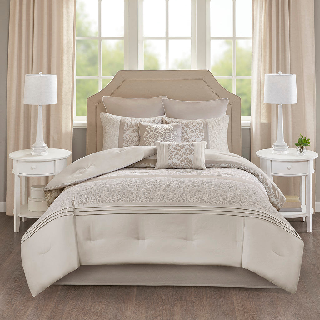 Embroidered 8 Piece Comforter Set Neutral Queen
