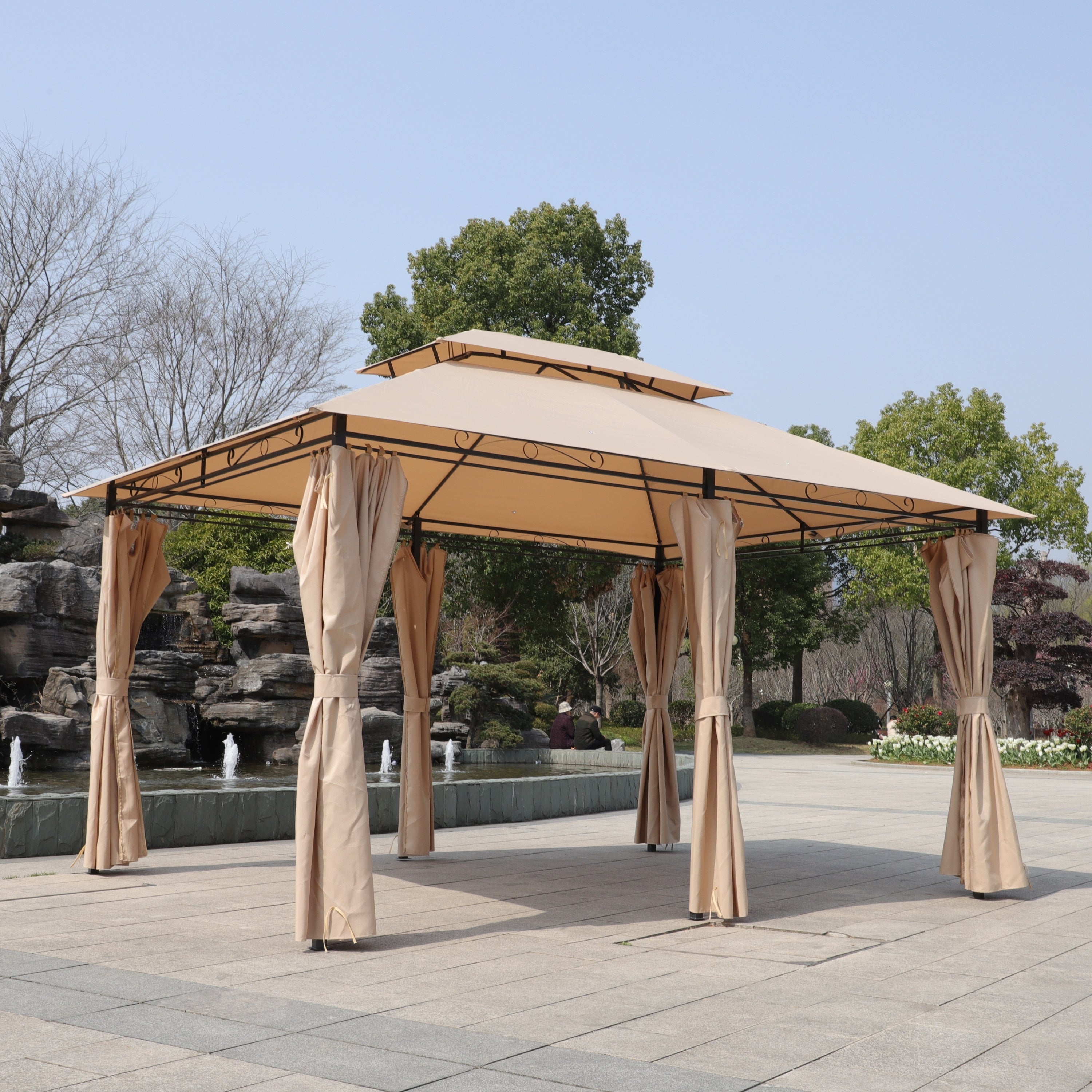 Khaki Outdoor Patio Gazebo Canopy Tent with Ventilated Double Roof