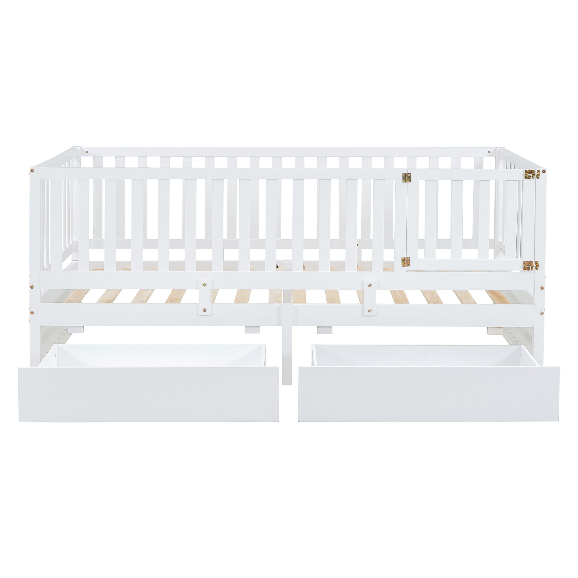 Daybed With Fence Guardrails And 2 Drawers, Split Into Independent Floor Bed & Daybed