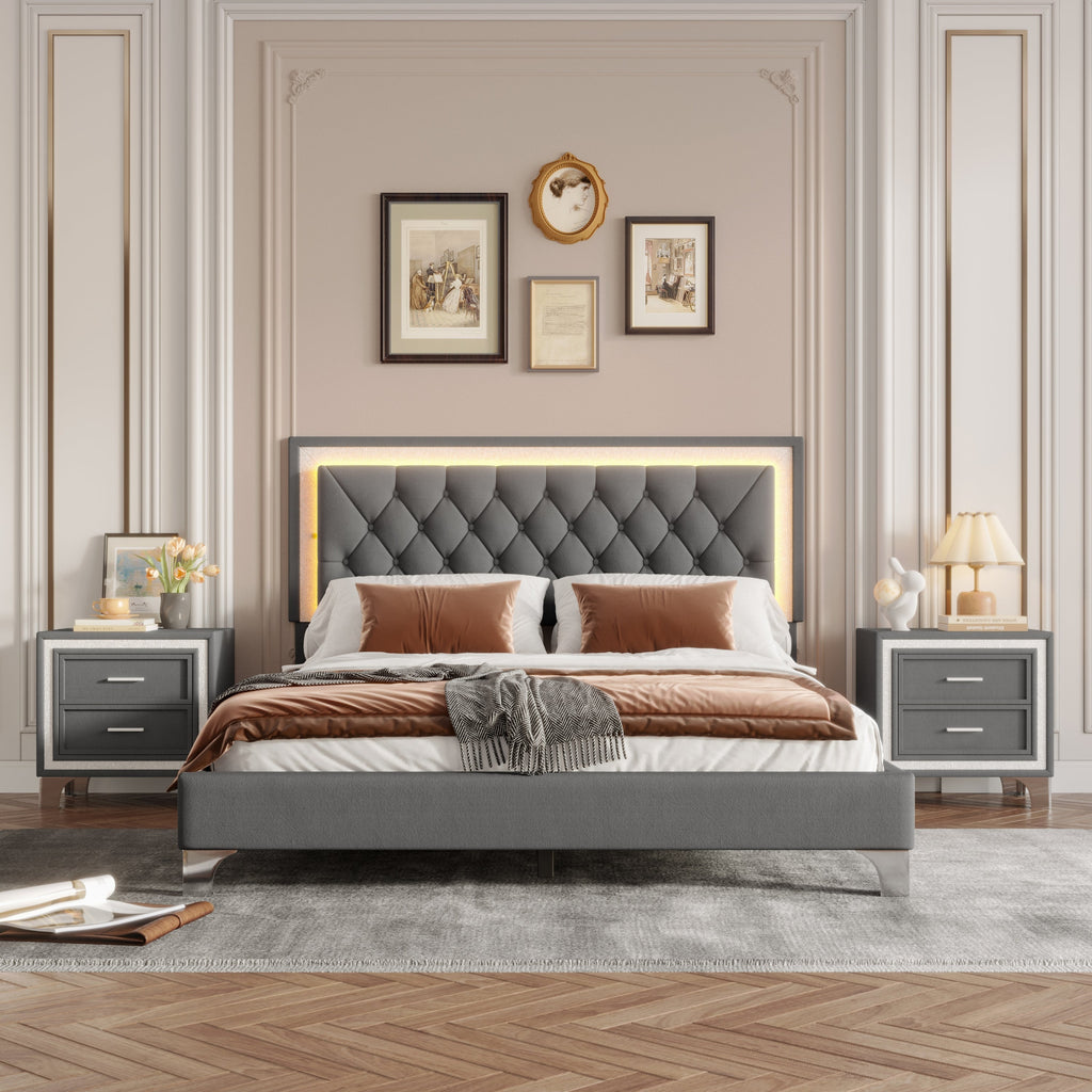 3-Pieces Bedroom Set, Queen Size Upholstered Platform Bed with LED Lights and Two Nightstands - Gray