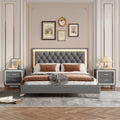 3-Pieces Bedroom Set, Queen Size Upholstered Platform Bed with LED Lights and Two Nightstands - Gray