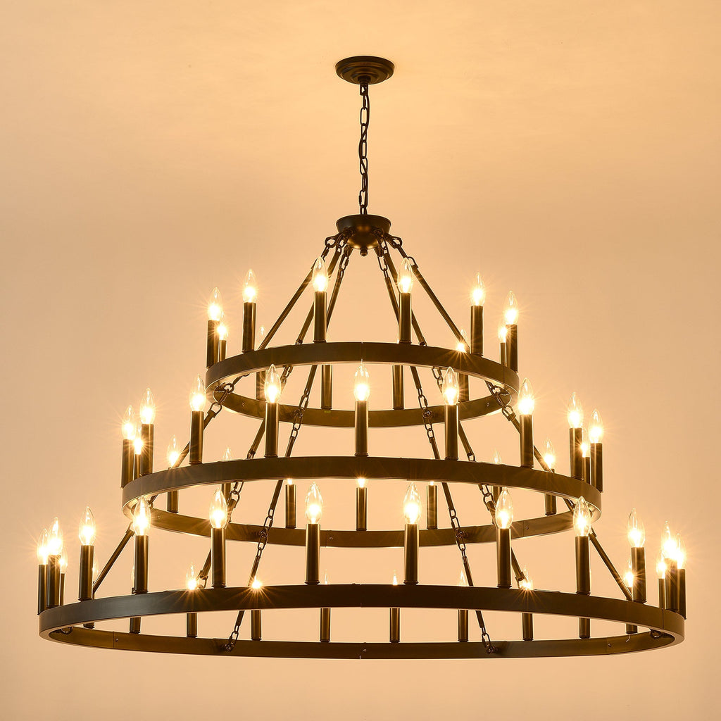 3 Tiers Wagon Wheel Chandelier - 54-Light Matte Black Metal