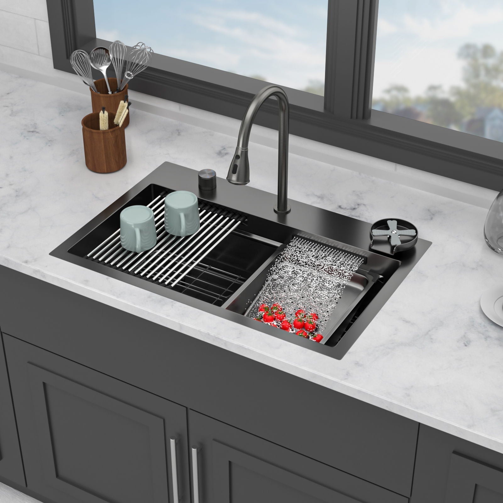 Drop In Waterfall Kitchen Sink With Pull-Out Faucet & Cup Washer