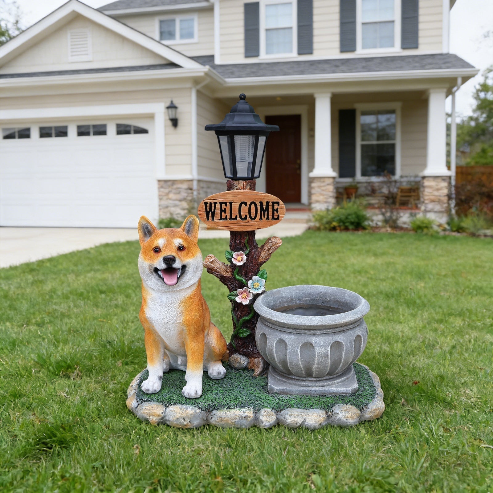 Sitting Akita Dog Planter Garden Decor