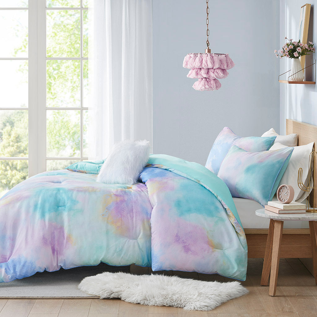 Twin/Twin XL Watercolor Tie Dye Printed Comforter Set with Throw Pillow