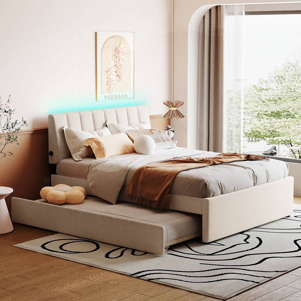 Teddy Fleece Full Size Upholstered Platform Bed with Twin Trundle