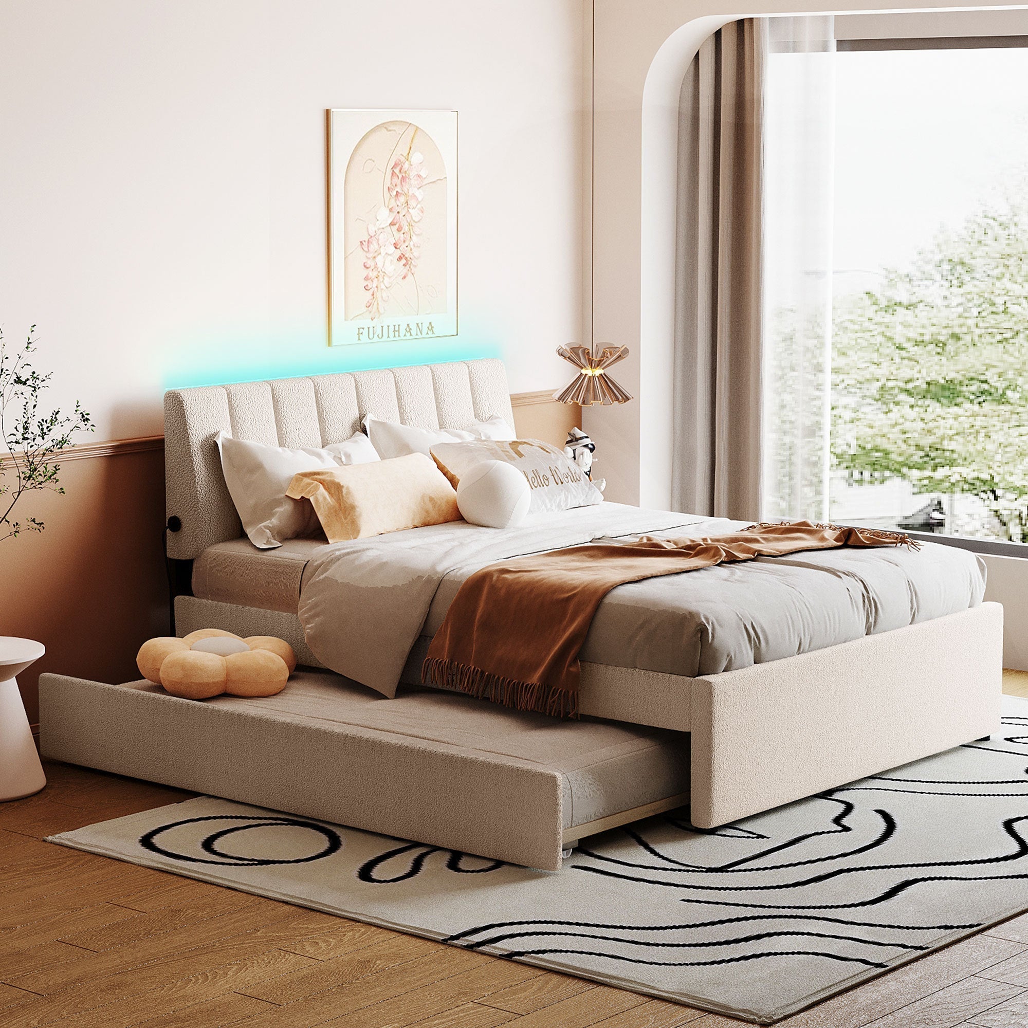 Teddy Fleece Full Size Upholstered Platform Bed with Twin Trundle