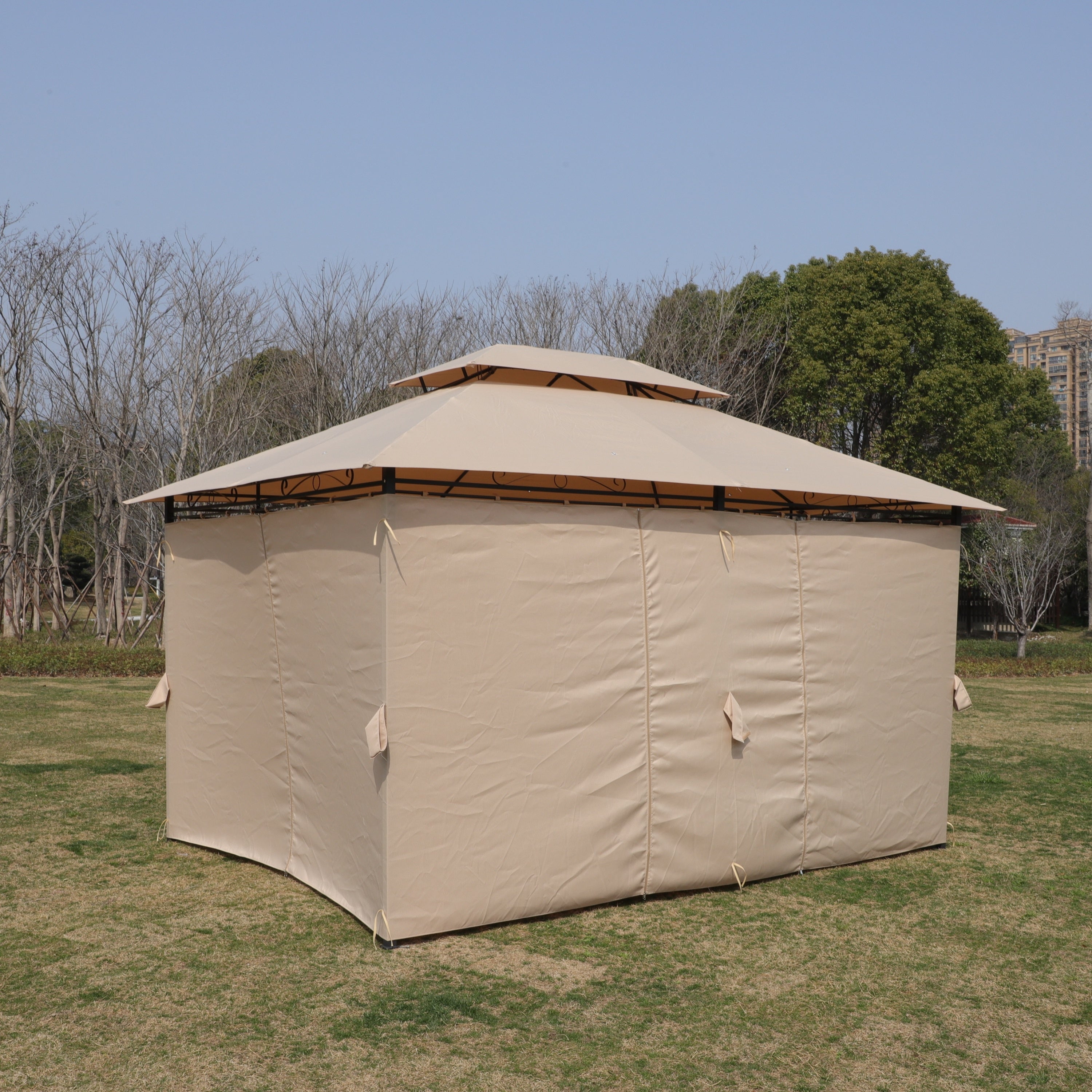 Khaki Outdoor Patio Gazebo Canopy Tent with Ventilated Double Roof