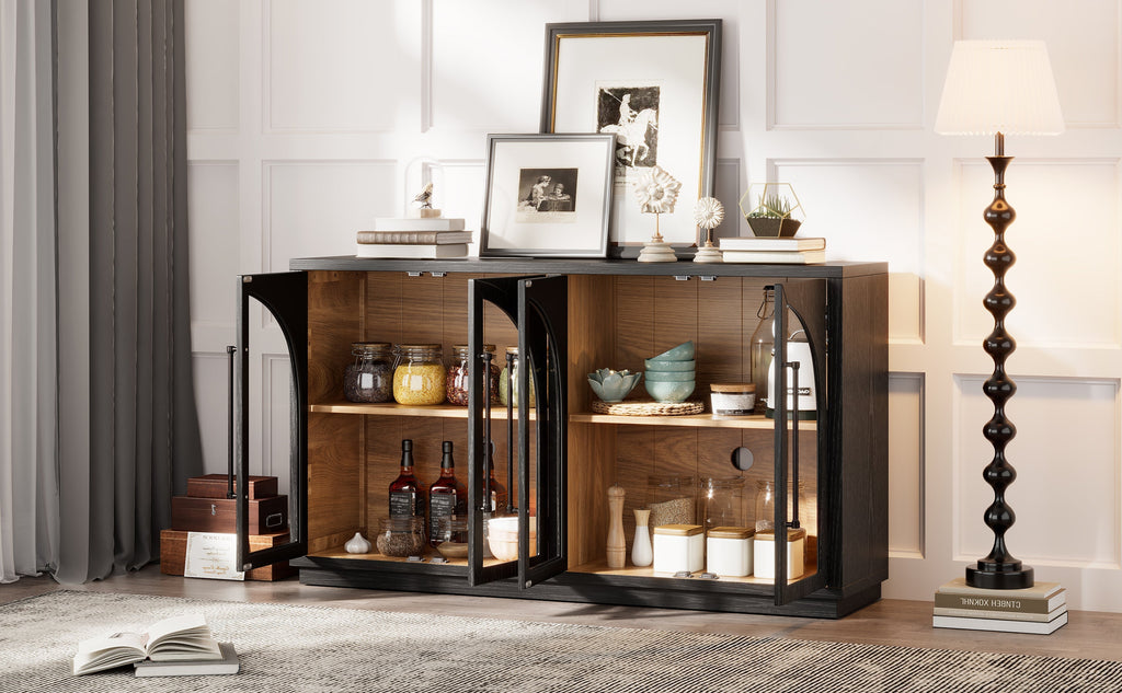 4-Door Large Storage Sideboard Buffet Cabinet with Glass Doors Arched Cabinet (Black)
