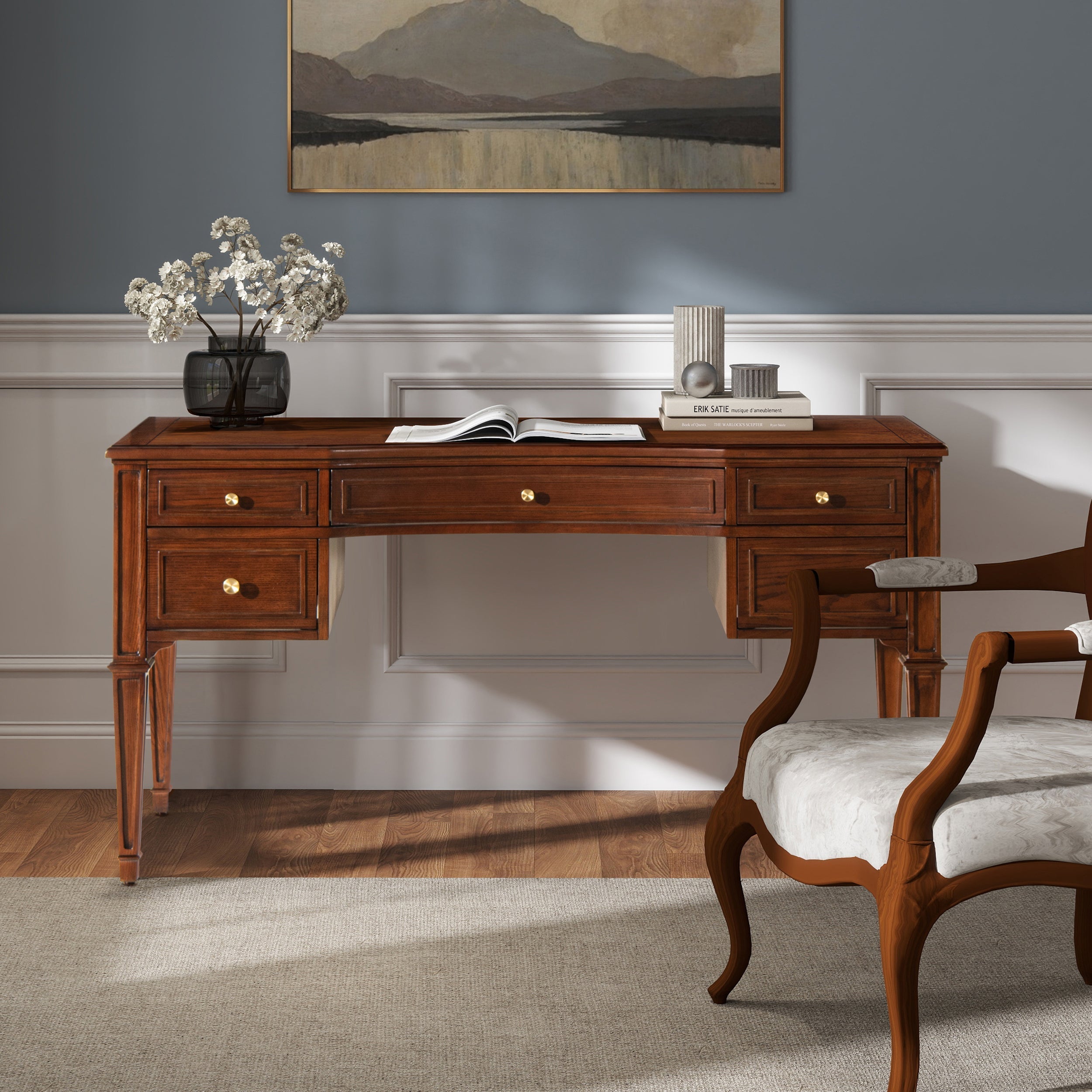 Dauphin Gold Accent 5-Drawer Wood Executive Desk Dark Walnut Ash Wood & Veneer